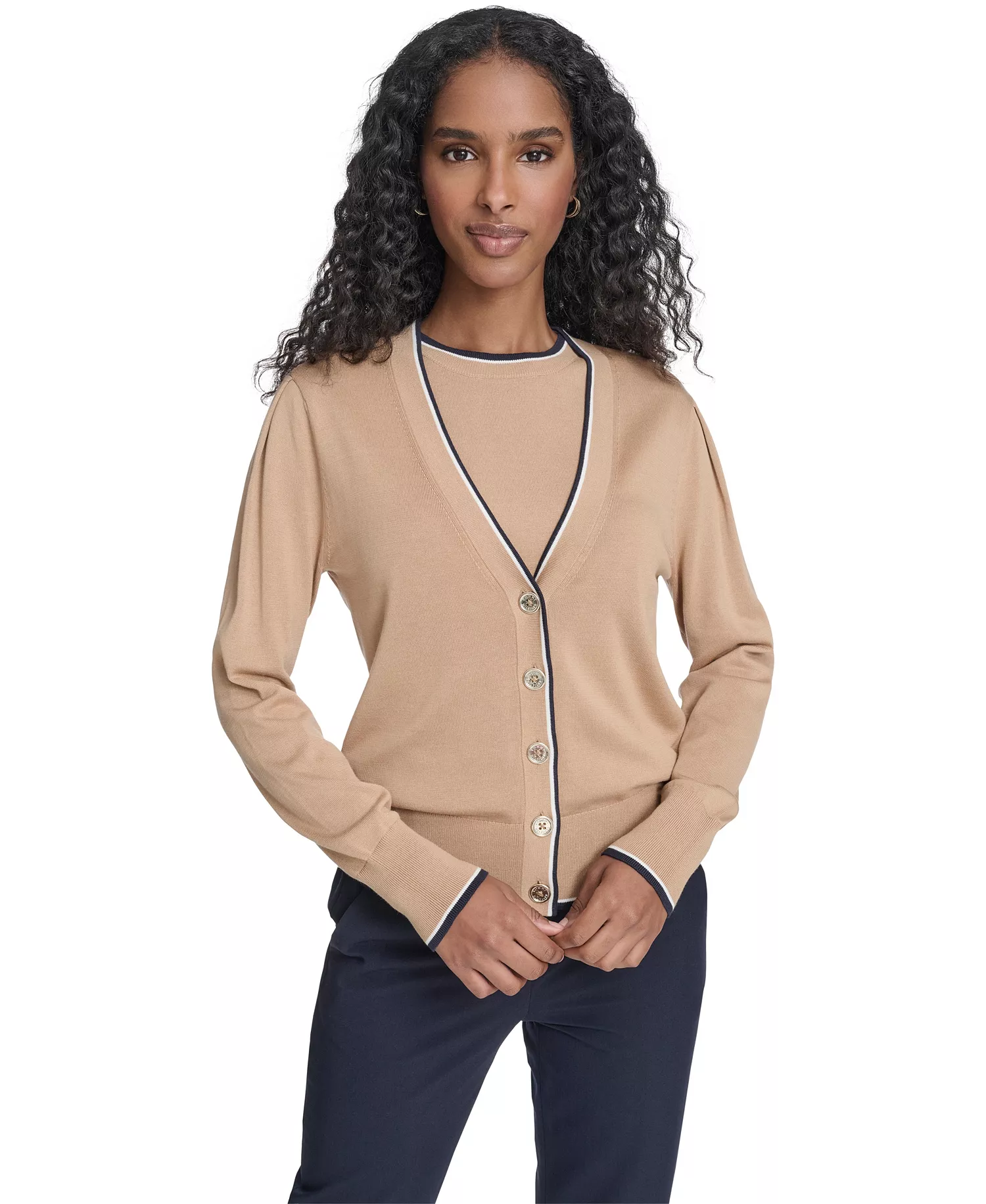 Women's Tipped V-Neck Cardigan Set - Tannin Multi - L