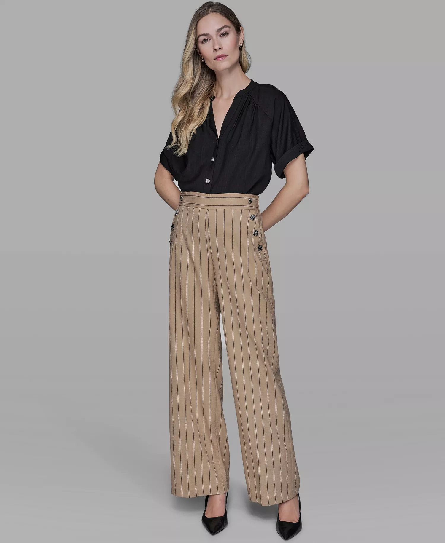Women's Mid Rise Striped Straight Leg Pants - Cartouche/black Stripe - 10