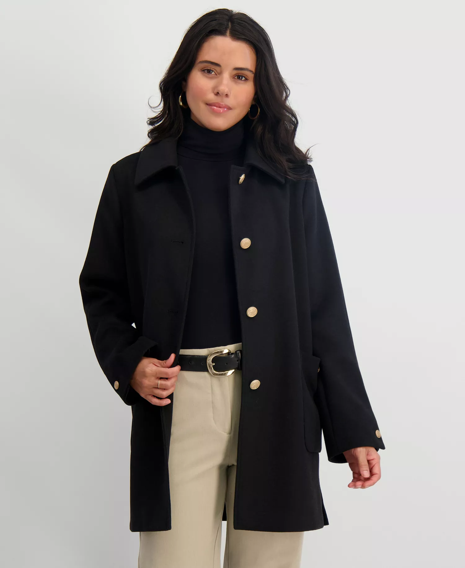 Women's Collared Single-Breasted Coat - Black - L