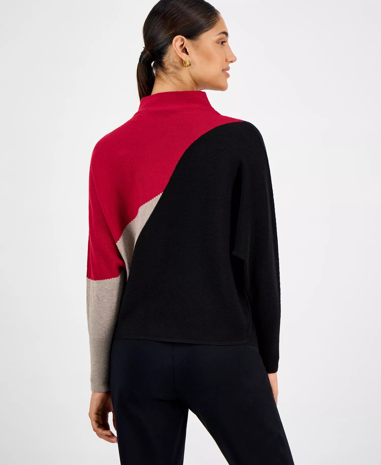 Women's Funnel-Neck Dolman-Sleeve Sweater  - Red Point Colorblock - L