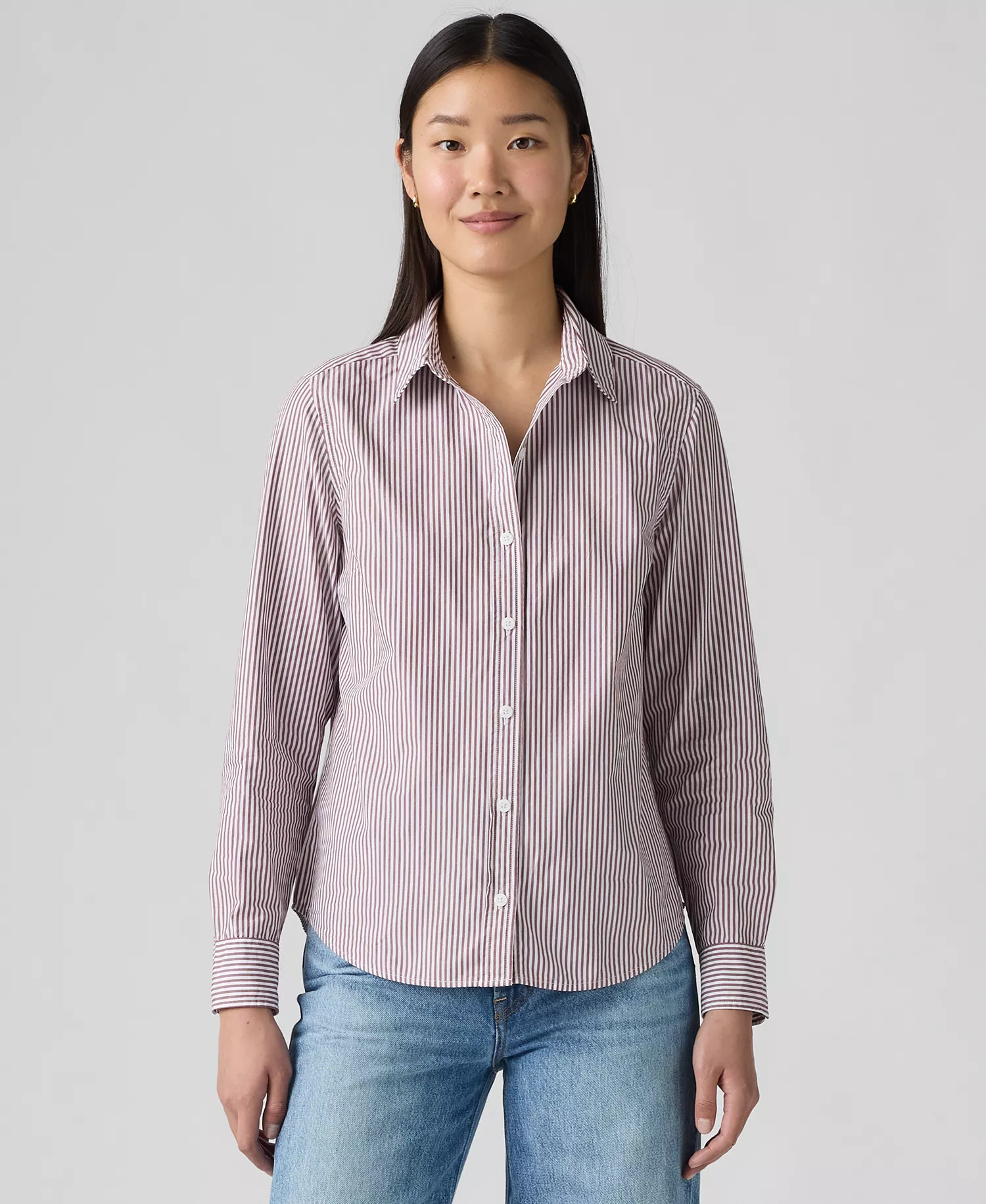Women's Classic Fit Button-Front Shirt - Bibi Stripe Chocolate Truffle Bright White - L