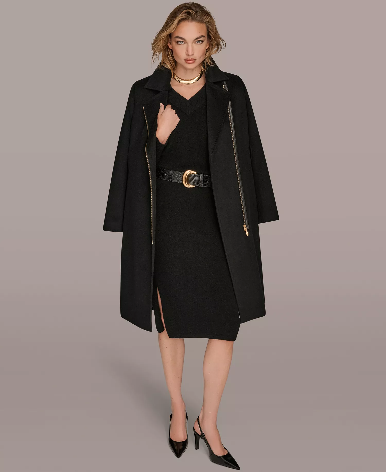 Women's Notch Collared Belted Coat - Black - L