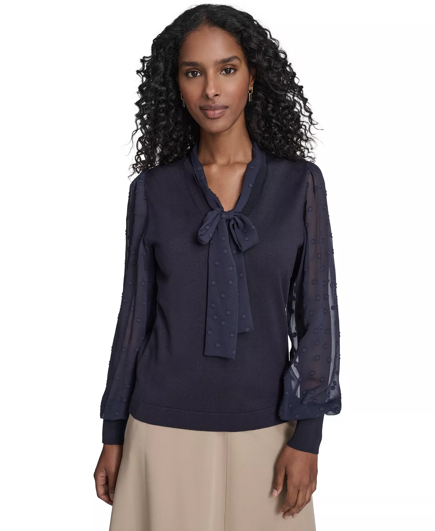 Women's Mixed Media Floral Clip Long Sleeve Sweater - Midnight - L