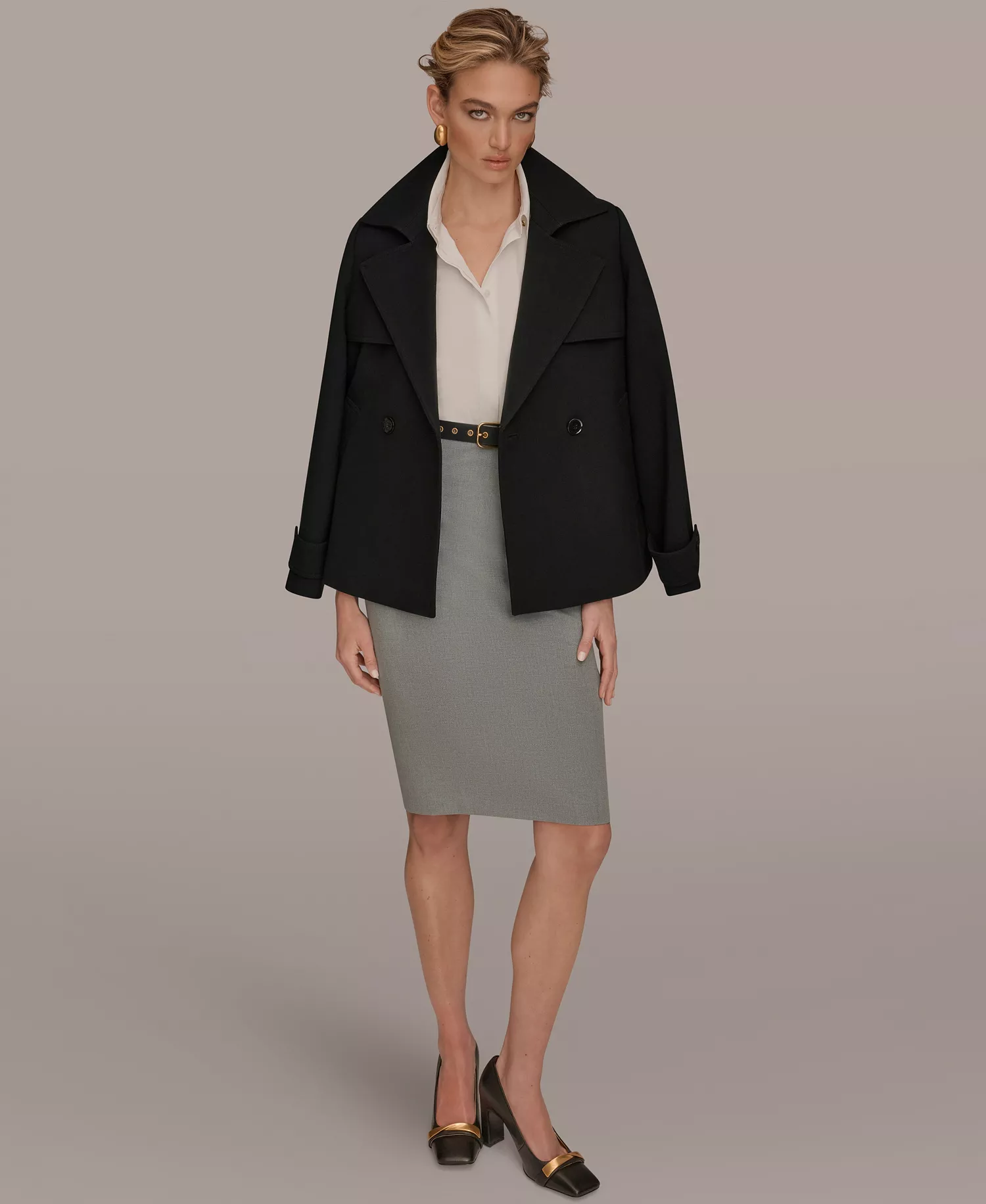Women's Short Crepe Notch Collar Trench Coat - Black - L