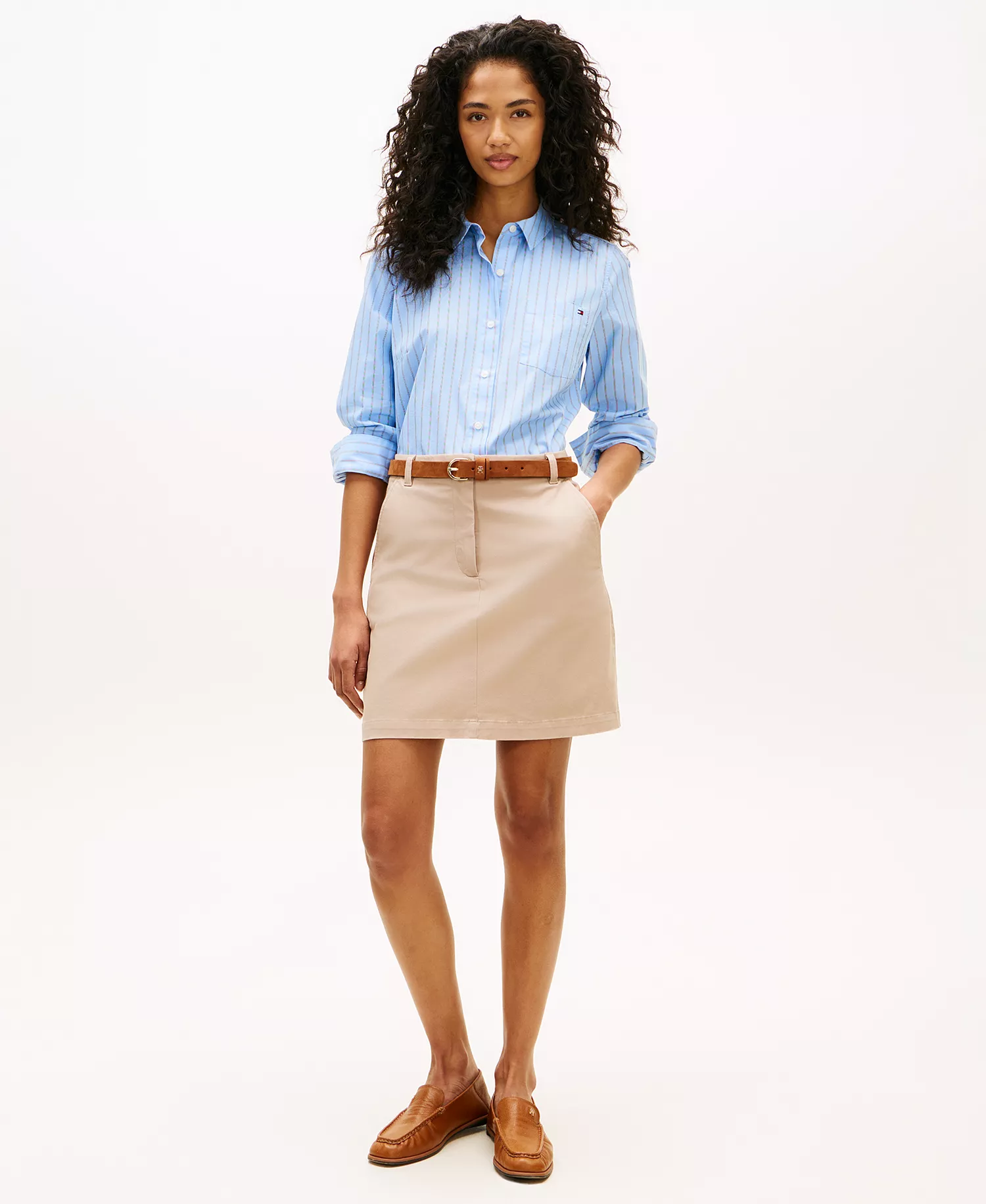 Women's Classic Poplin Roll-Tab Long-Sleeve Shirt - Breezy Blue / Ecru Stripe - L