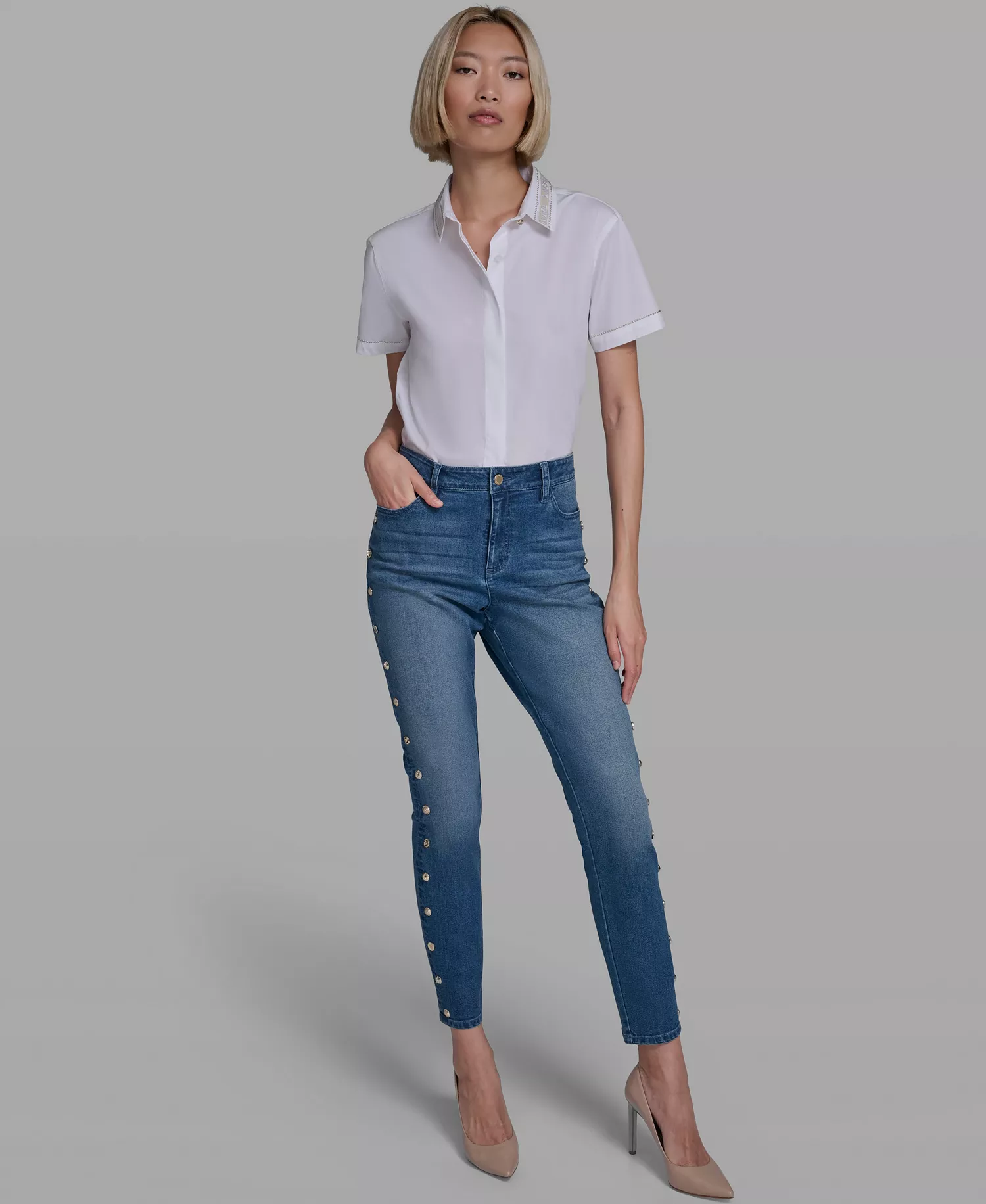 Women's Mid-Rise Studded Straight Jeans - Steel Blue - 0