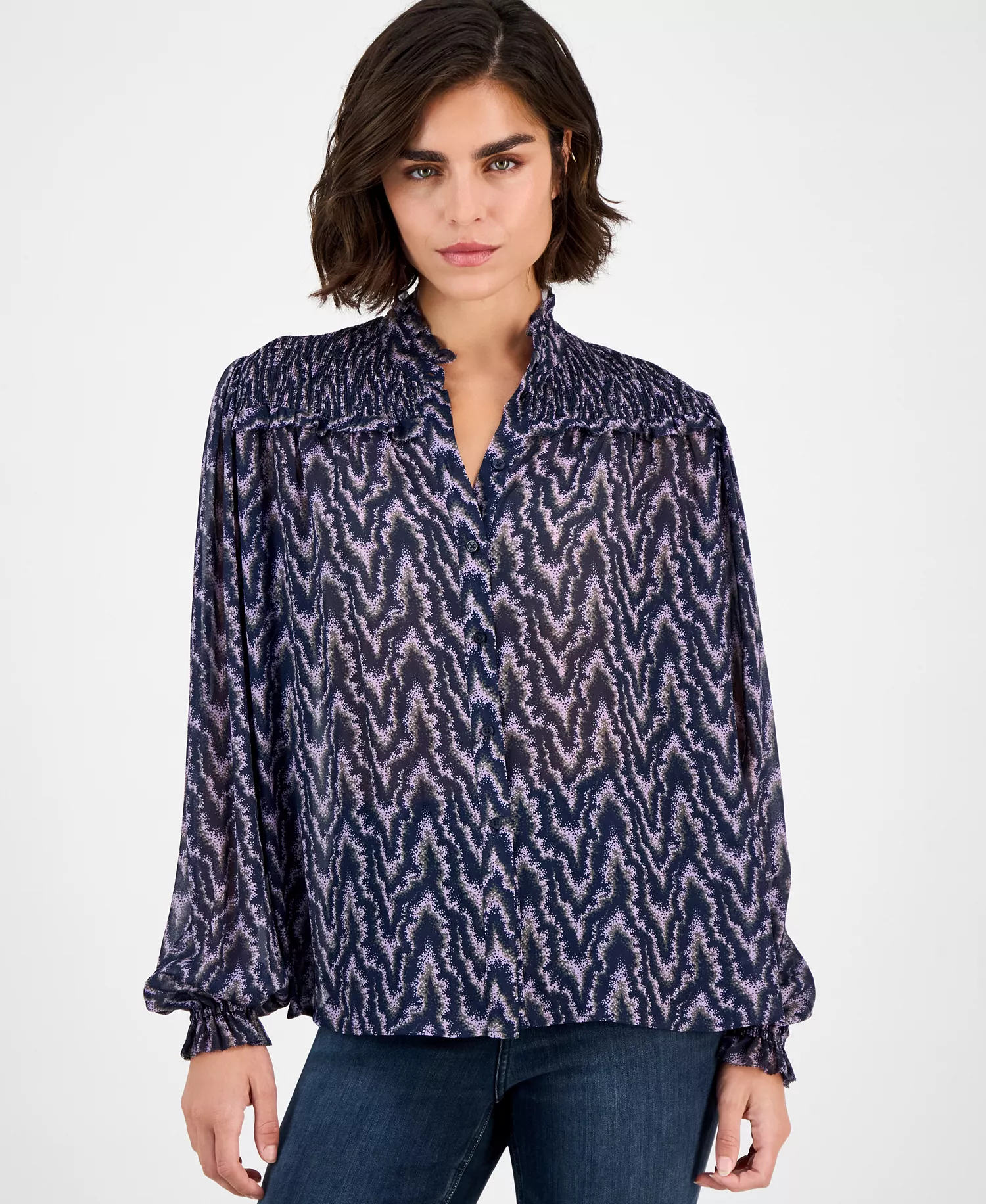 Women's Smocked Mock Neck Blouse - Amethyst Print - 14