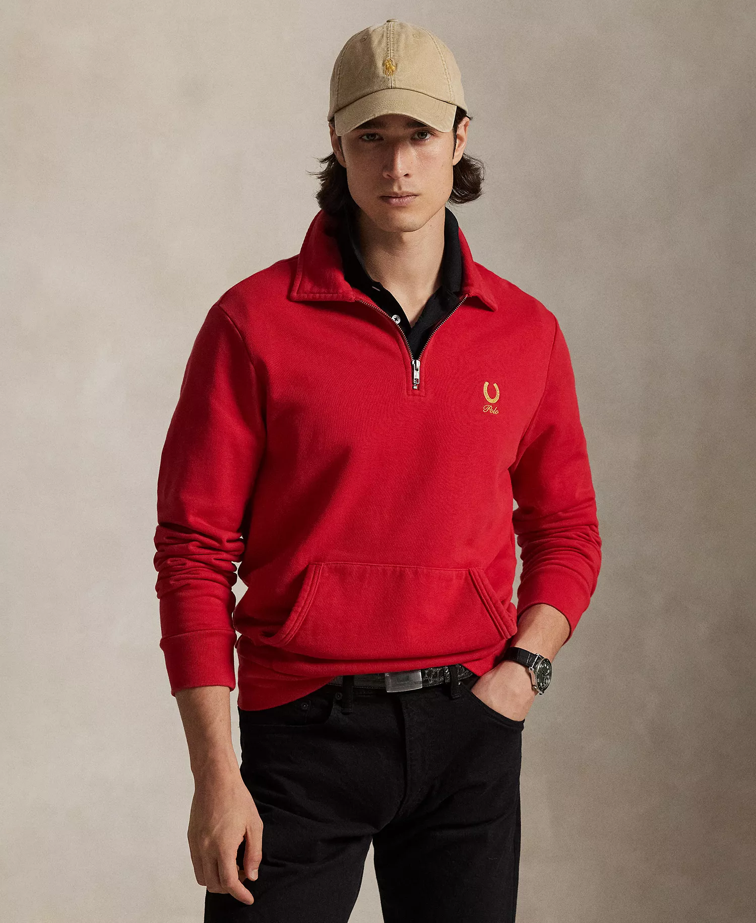 Men's Long-Sleeve Collared Sweatshirt - Red - L