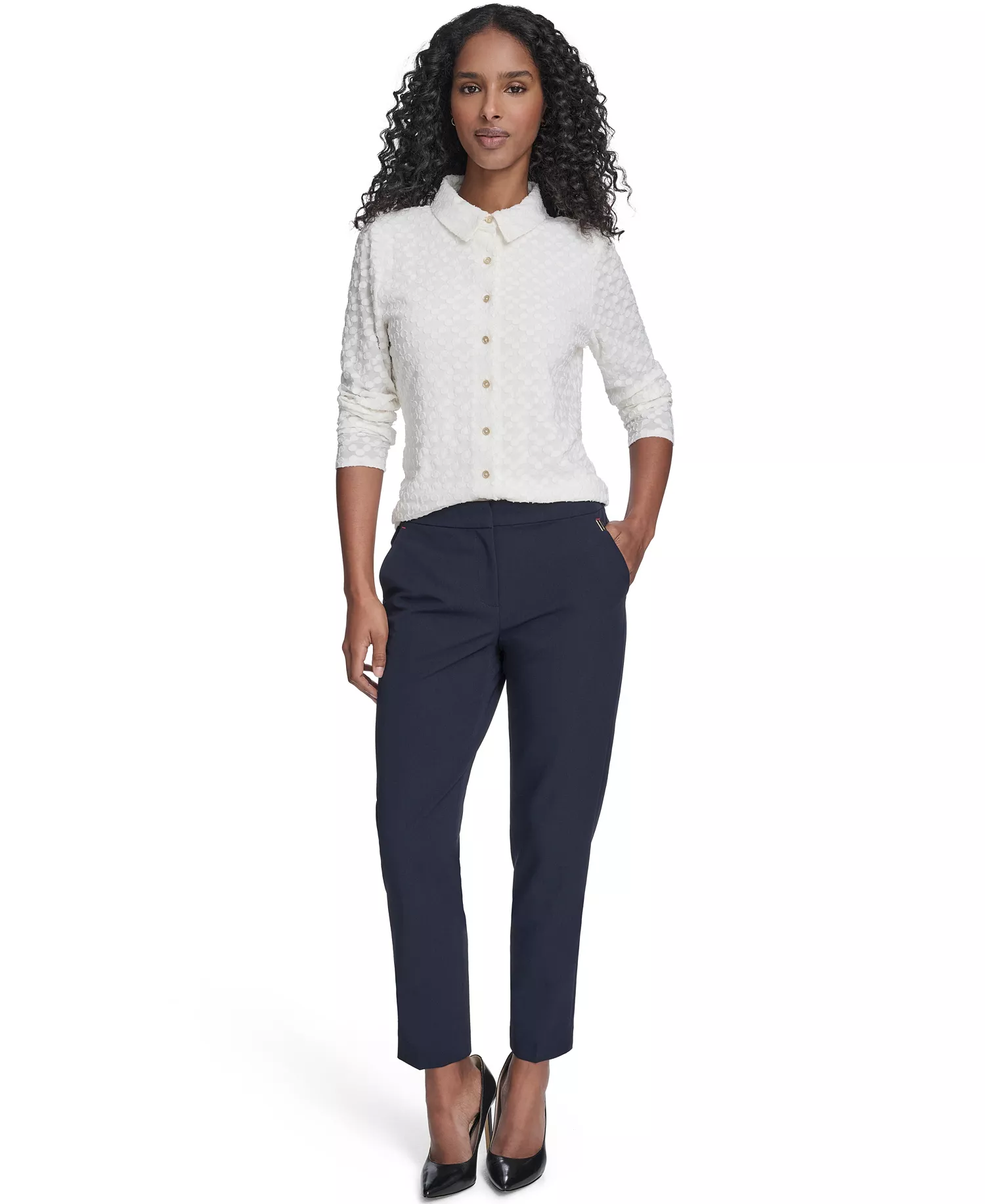 Women's Floral Clip Button-Up Top - Ivory - L