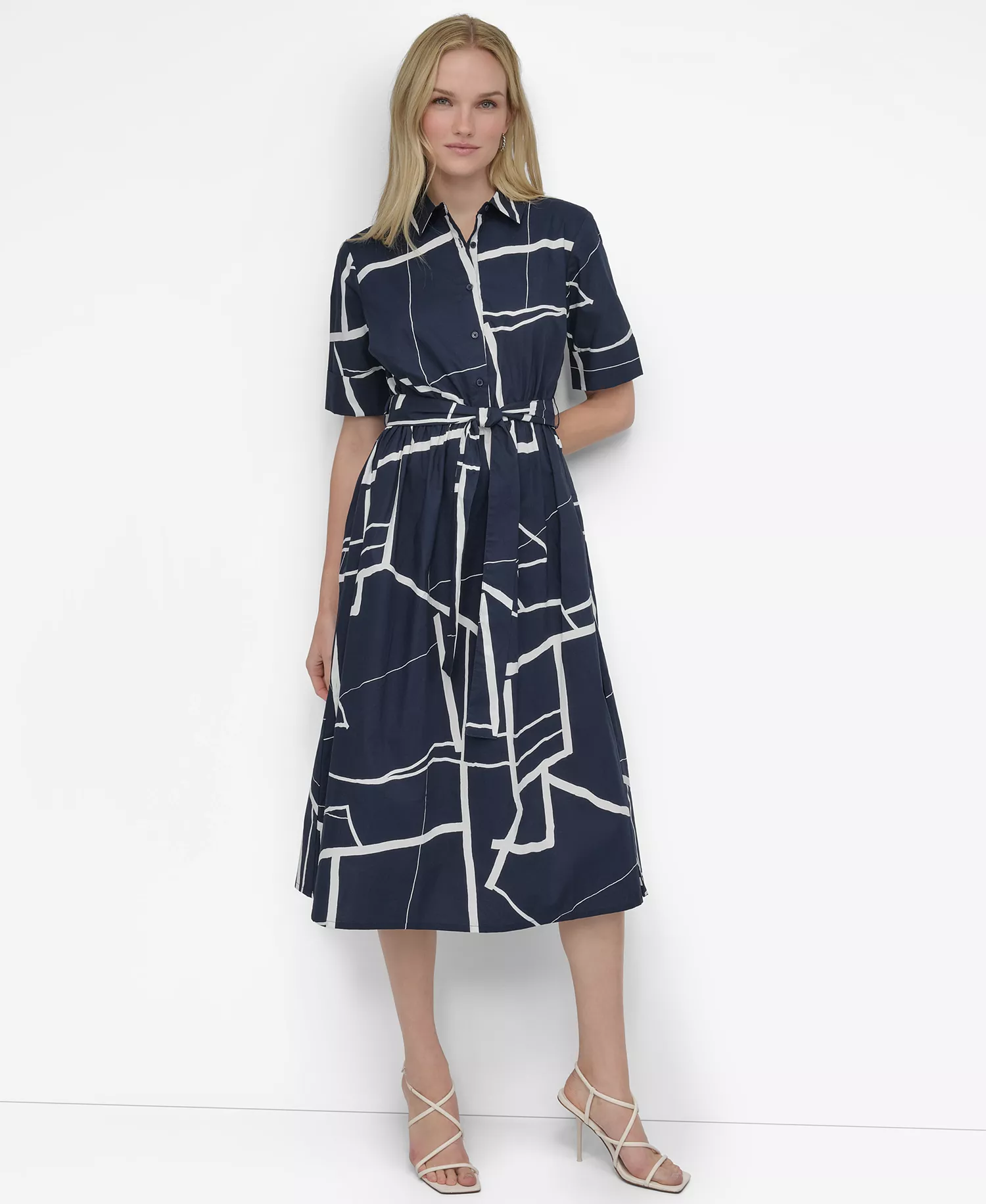 Women's Abstract Printed Cotton Midi Shirt Dress - Navy, Cream - 14