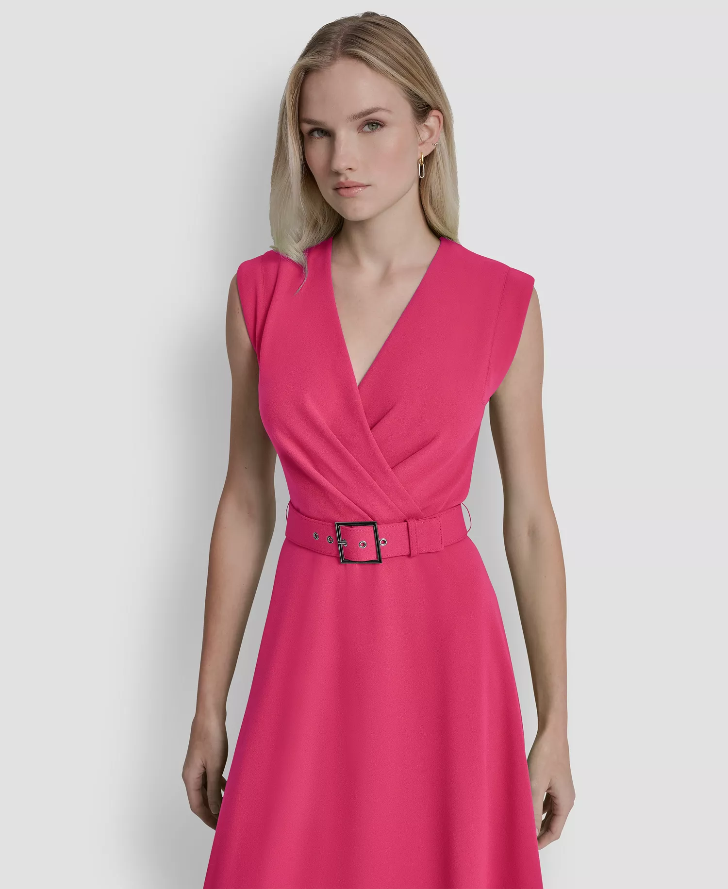 Women's V-Neck Belted Dress - Hot Pink - 10