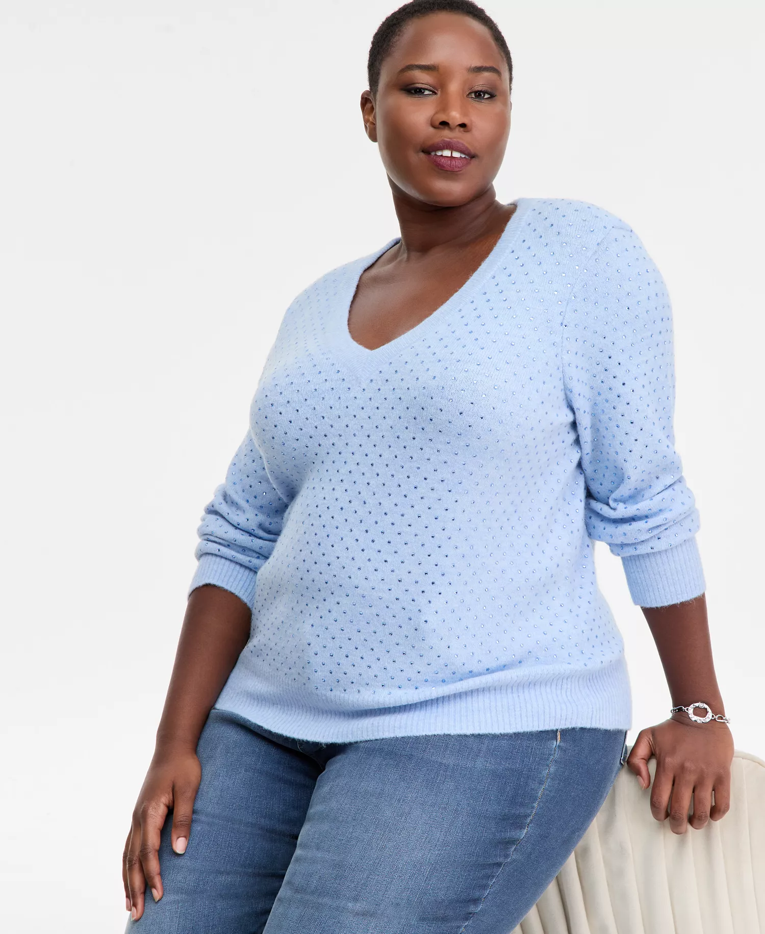 Plus Size Embellished V-Neck Sweater, Macy's Exclusive  - Bright Blue Cmb - 0X