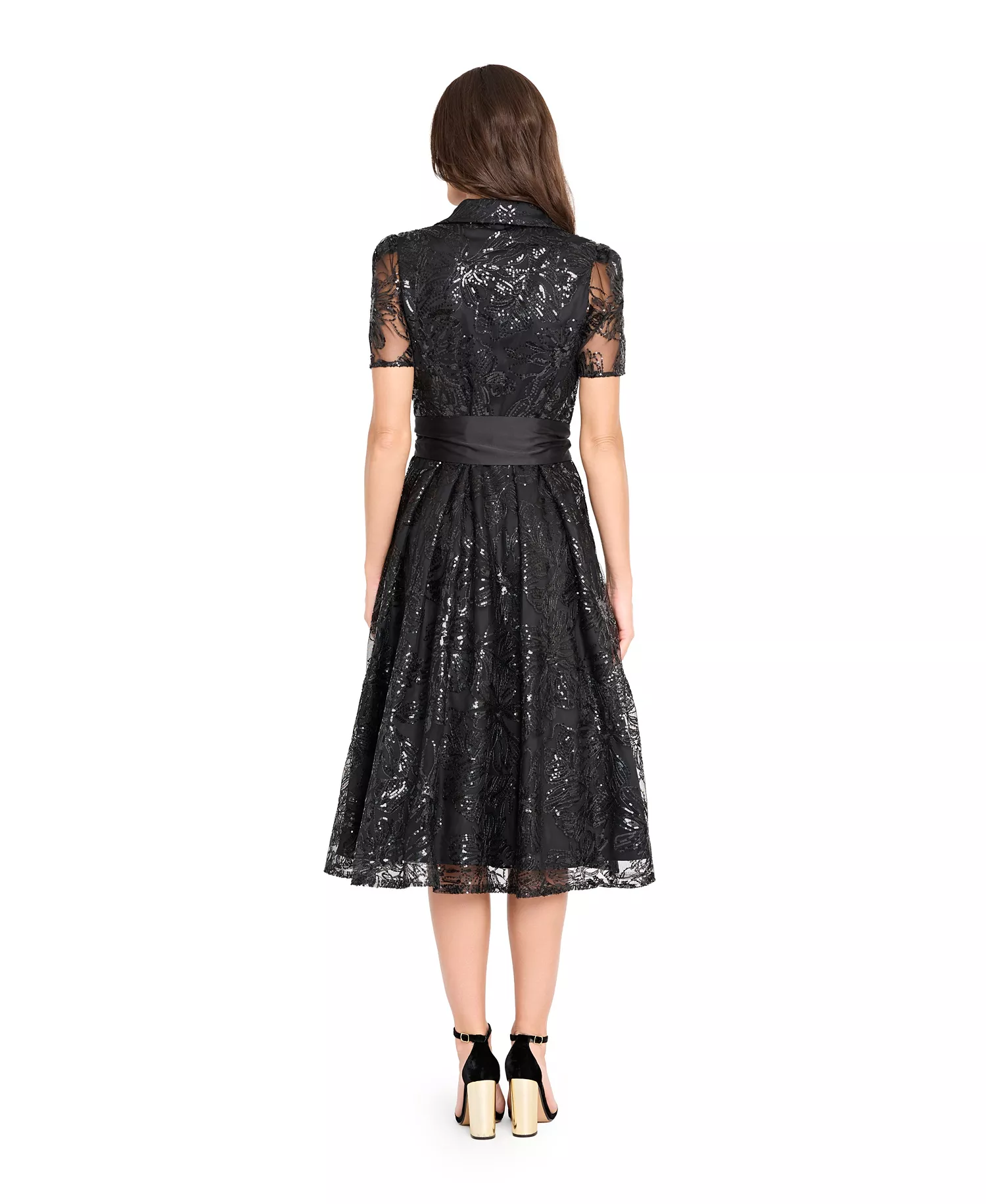 Women's Collared V-Neck Sequin Dress - Black - 10