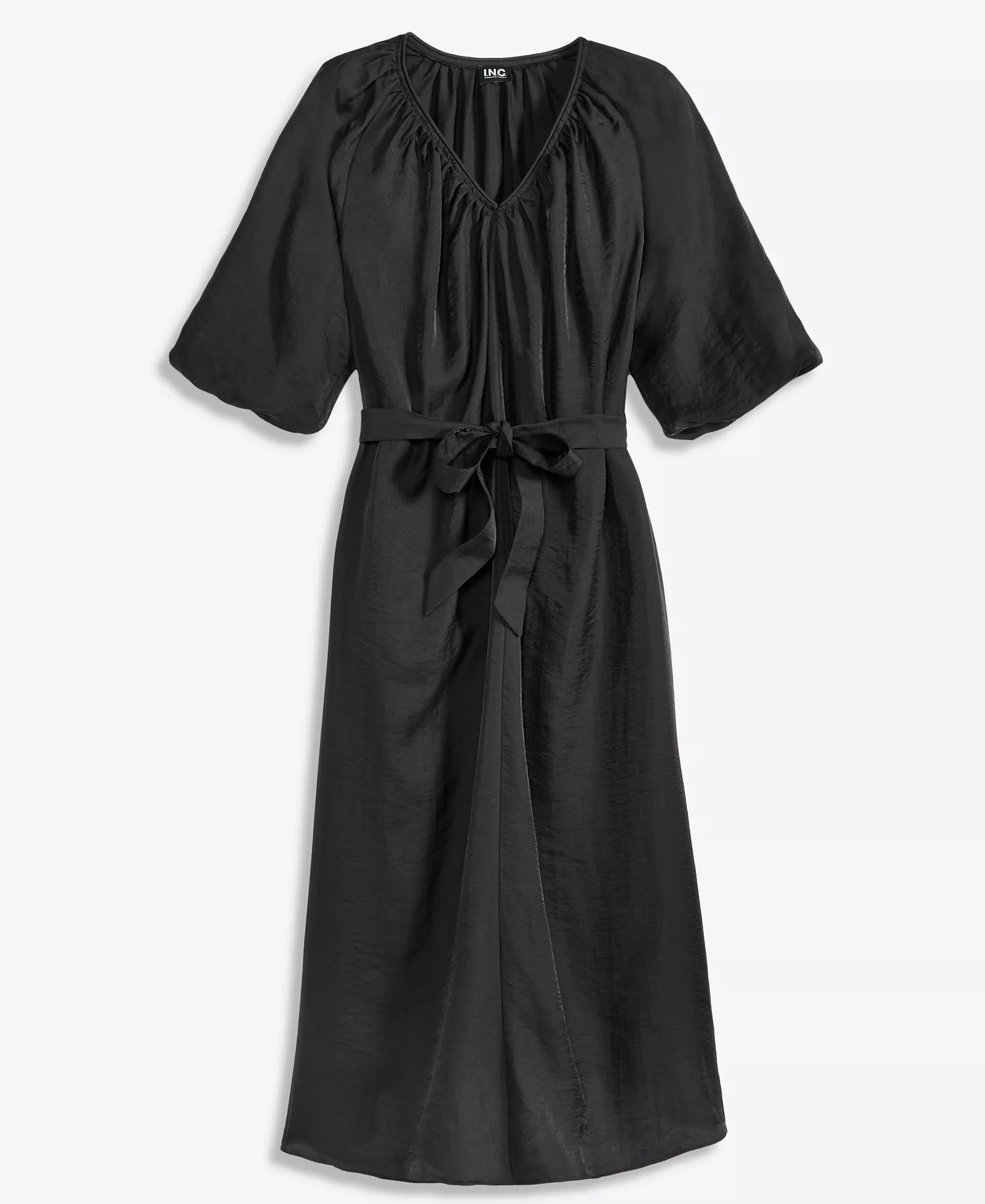 Women's 3/4 Sleeve Tie-Waist Midi Dress, Macy's Exclusive - Deep Black - L