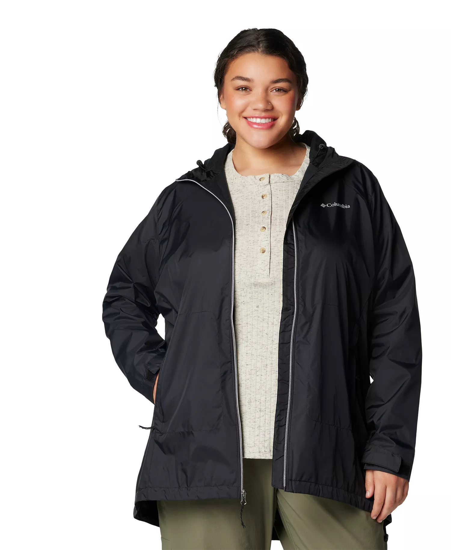 Plus Size Switchback Lined Long Zipper Jacket - Black - 1X