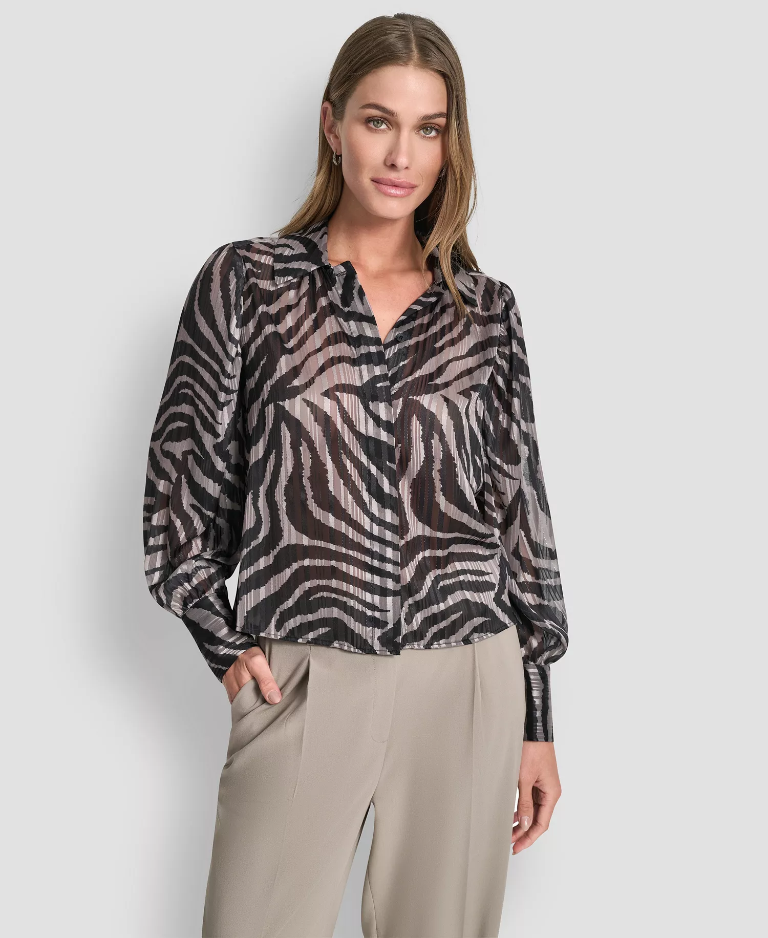 Women's Long Sleeve Collared Blouse - Black/tan - L