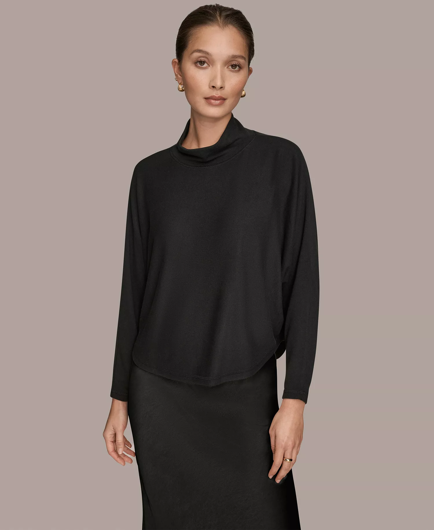 Women's Brushed Rib Dolman Mock Neck Long Sleeve Top - Black - L