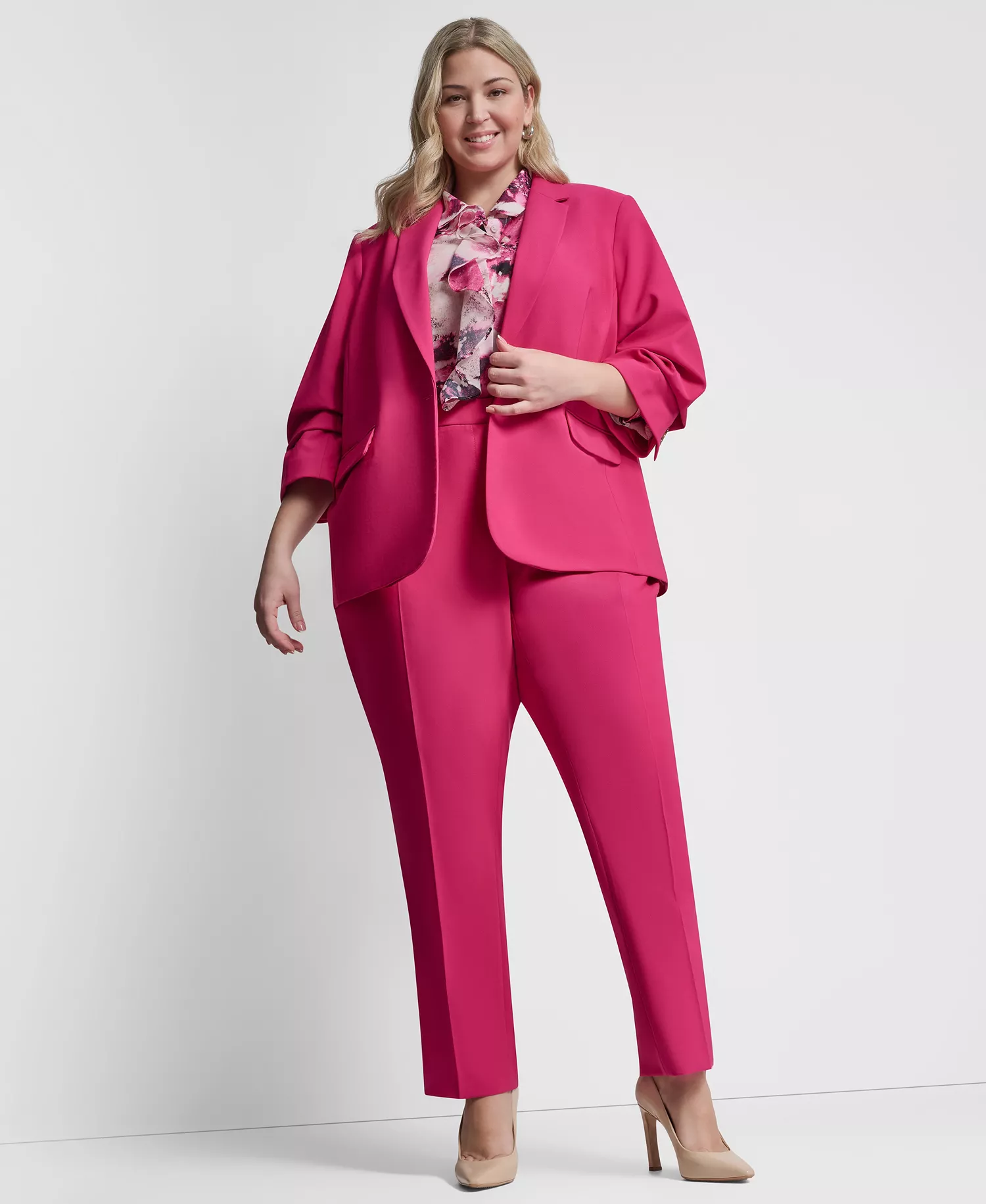 Plus Size 1-Button Ruched-Sleeve Blazer - Hot Pink - 14W
