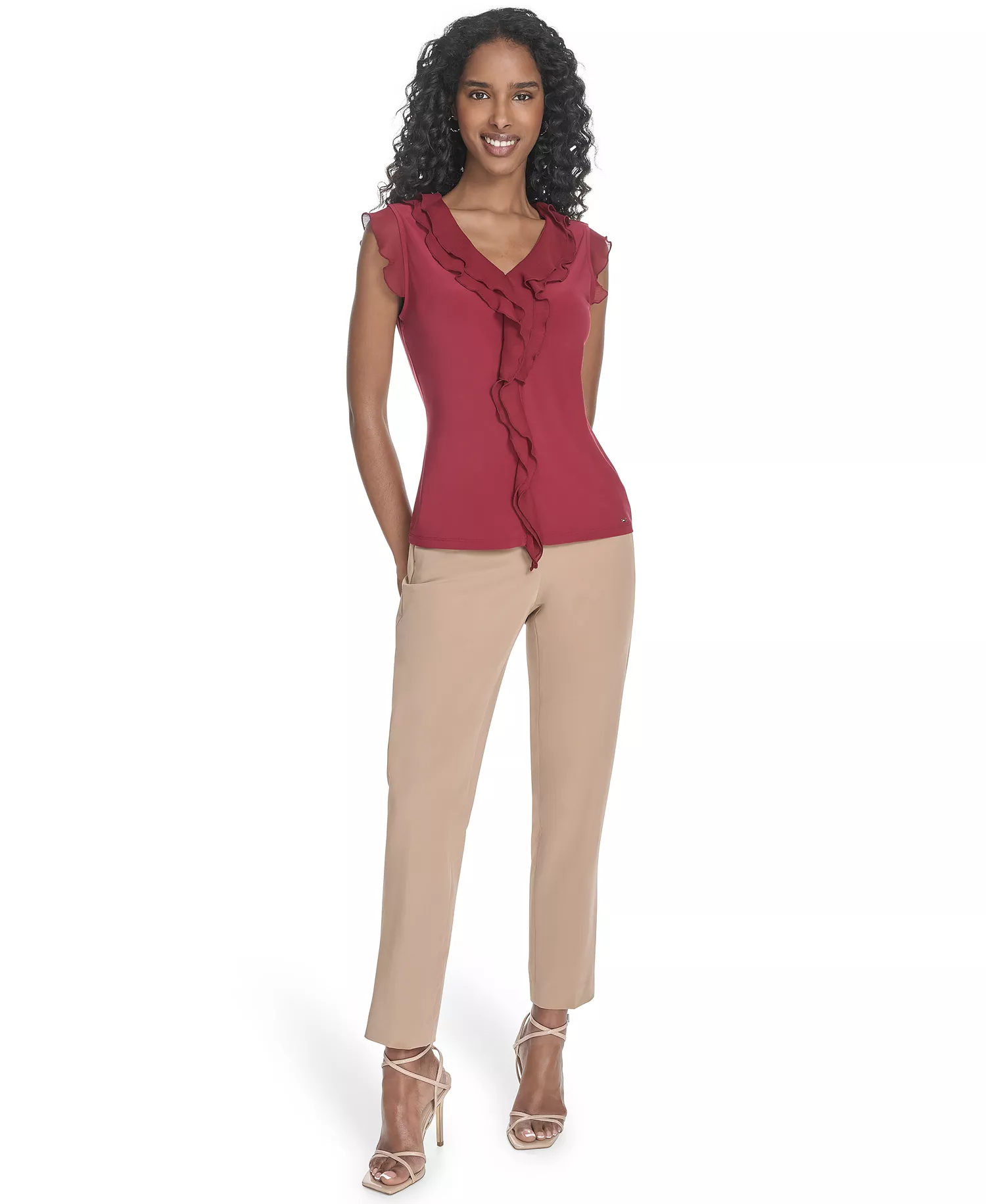 Women's Ruffled Mixed-Media Top - Crimson - L