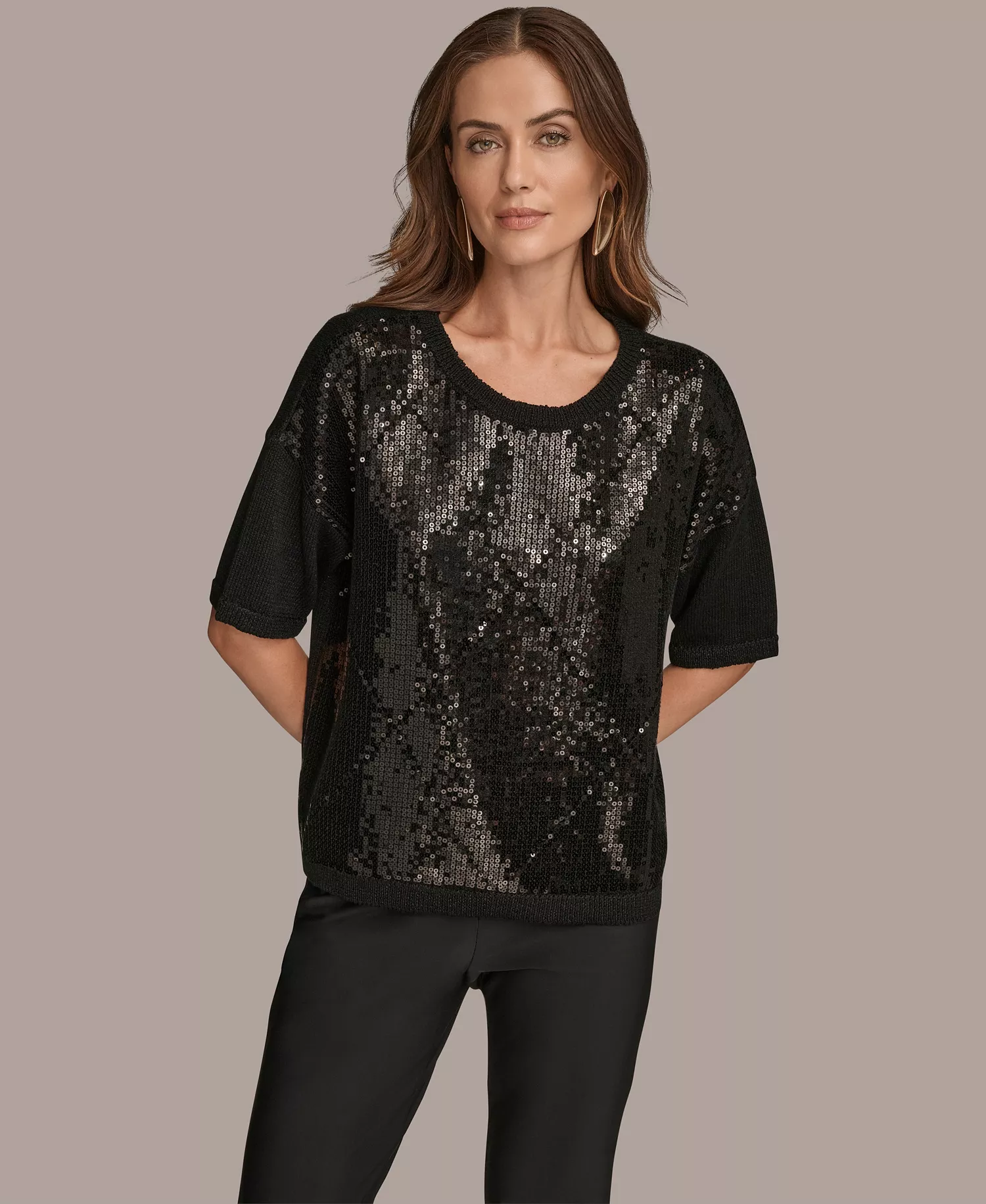 Women's Short Sleeve Sequin Sweater - Black - M