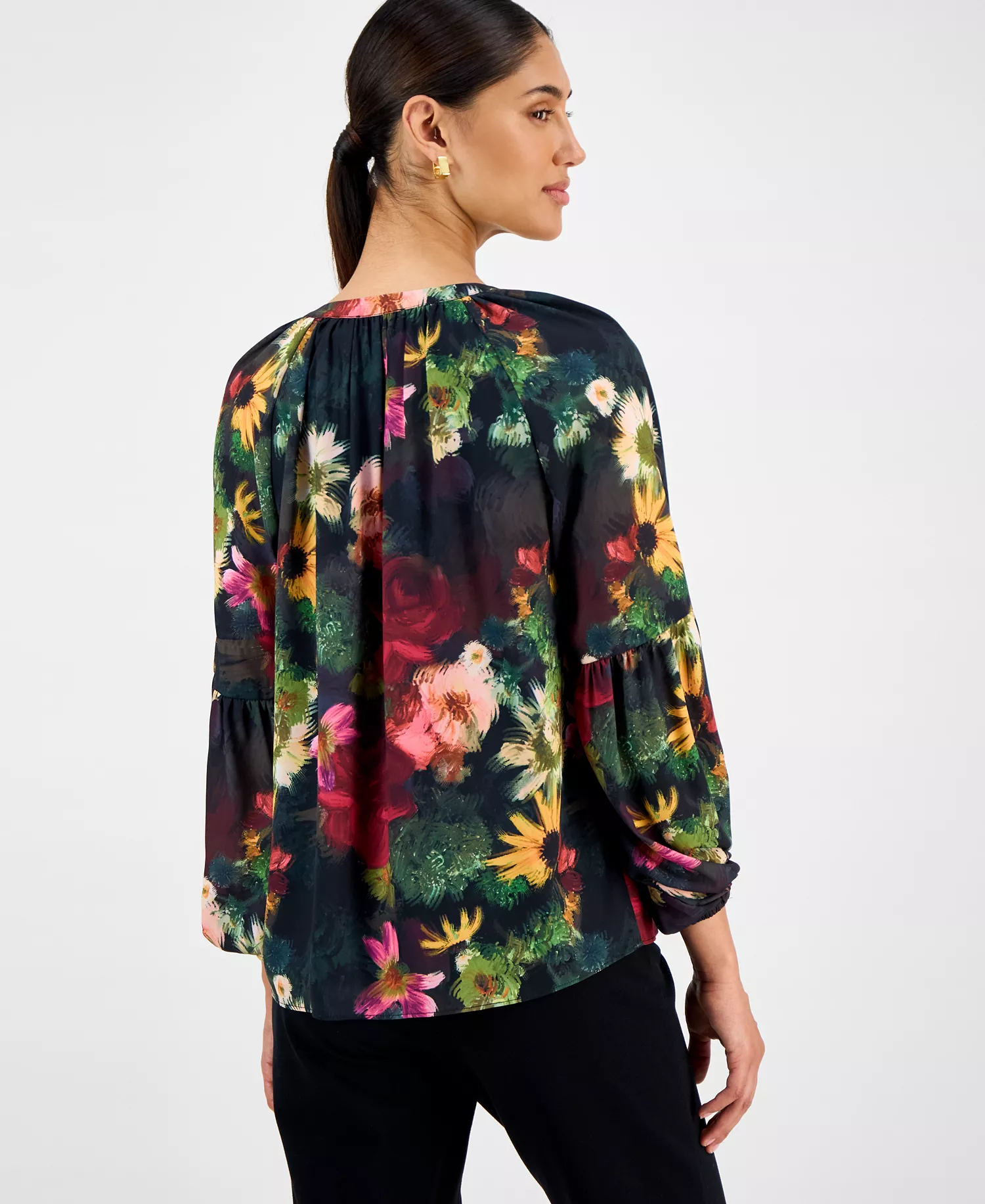 Women's Floral Split-Neck Blouse - Midnight Garden - M