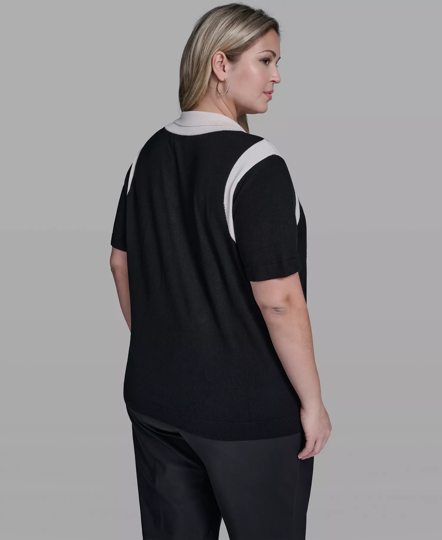 Plus Size Solid Short-Sleeve Polo Sweater - Black/Bisque - 0X