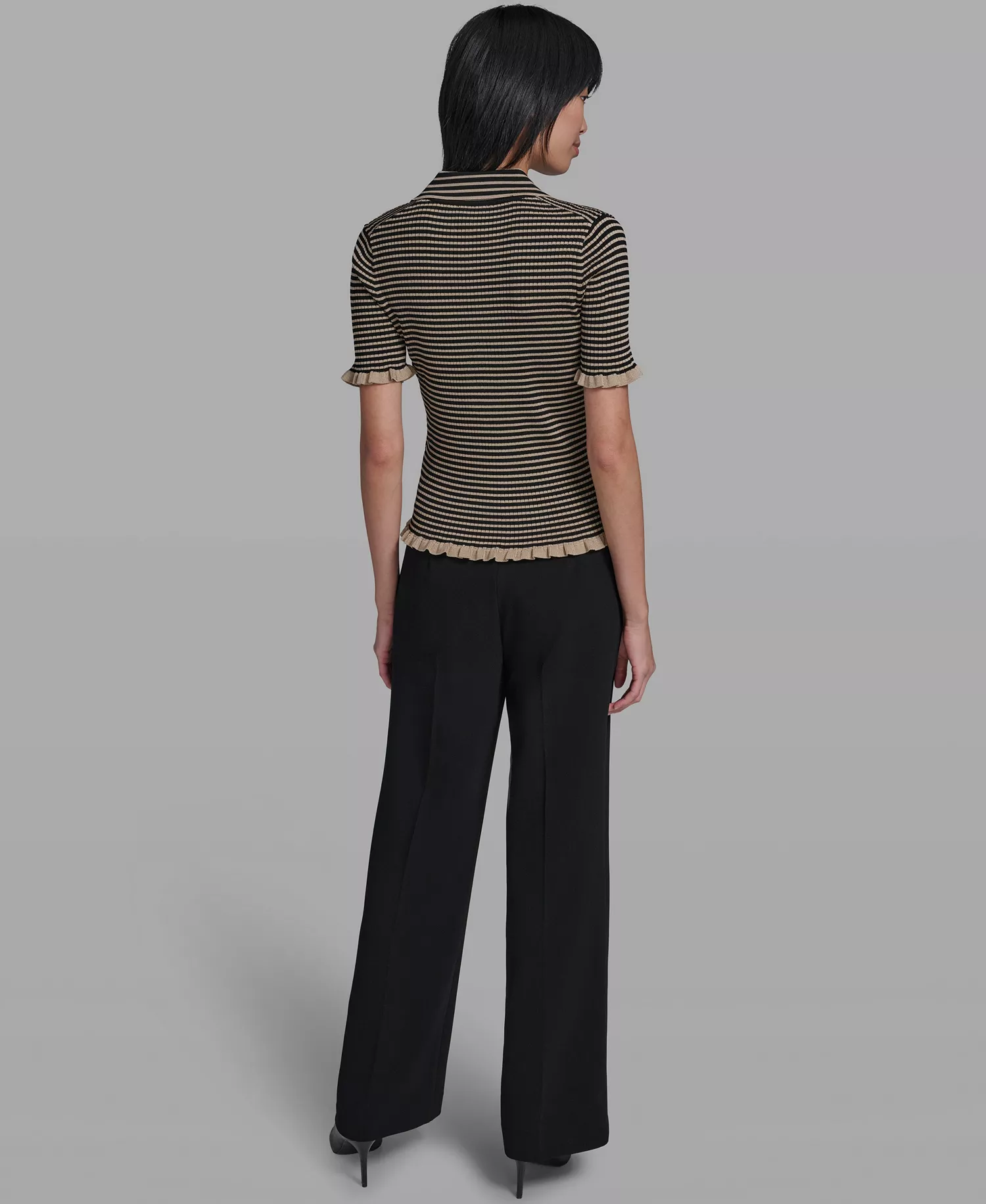 Women's Collared Short-Sleeves Sweater - French Beige/black - L