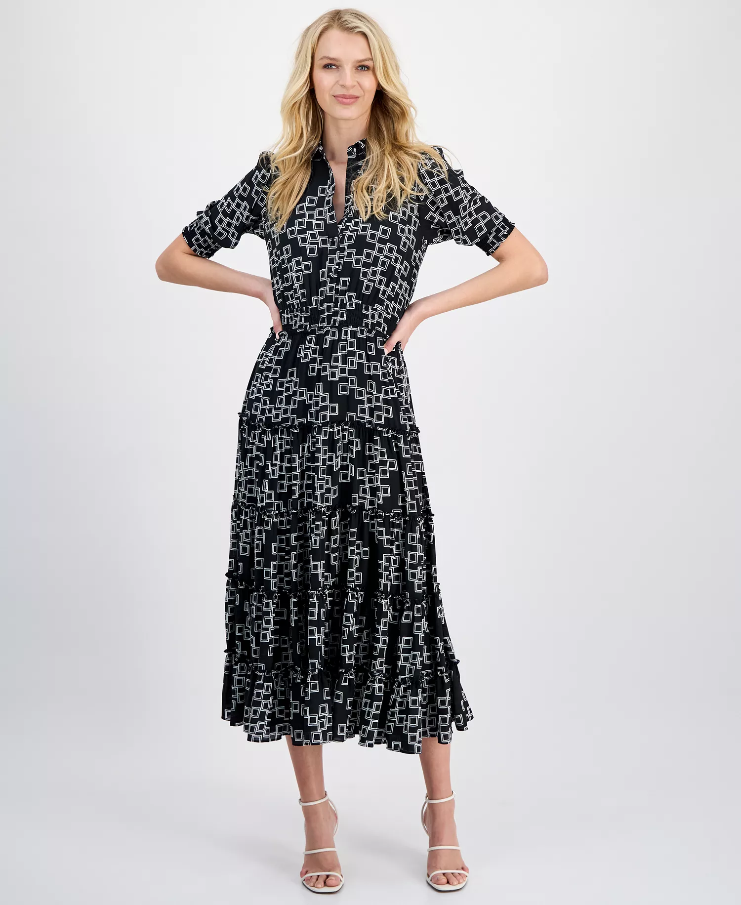 Women's Printed Collared Midi Dress - Black/white Frames Print - L
