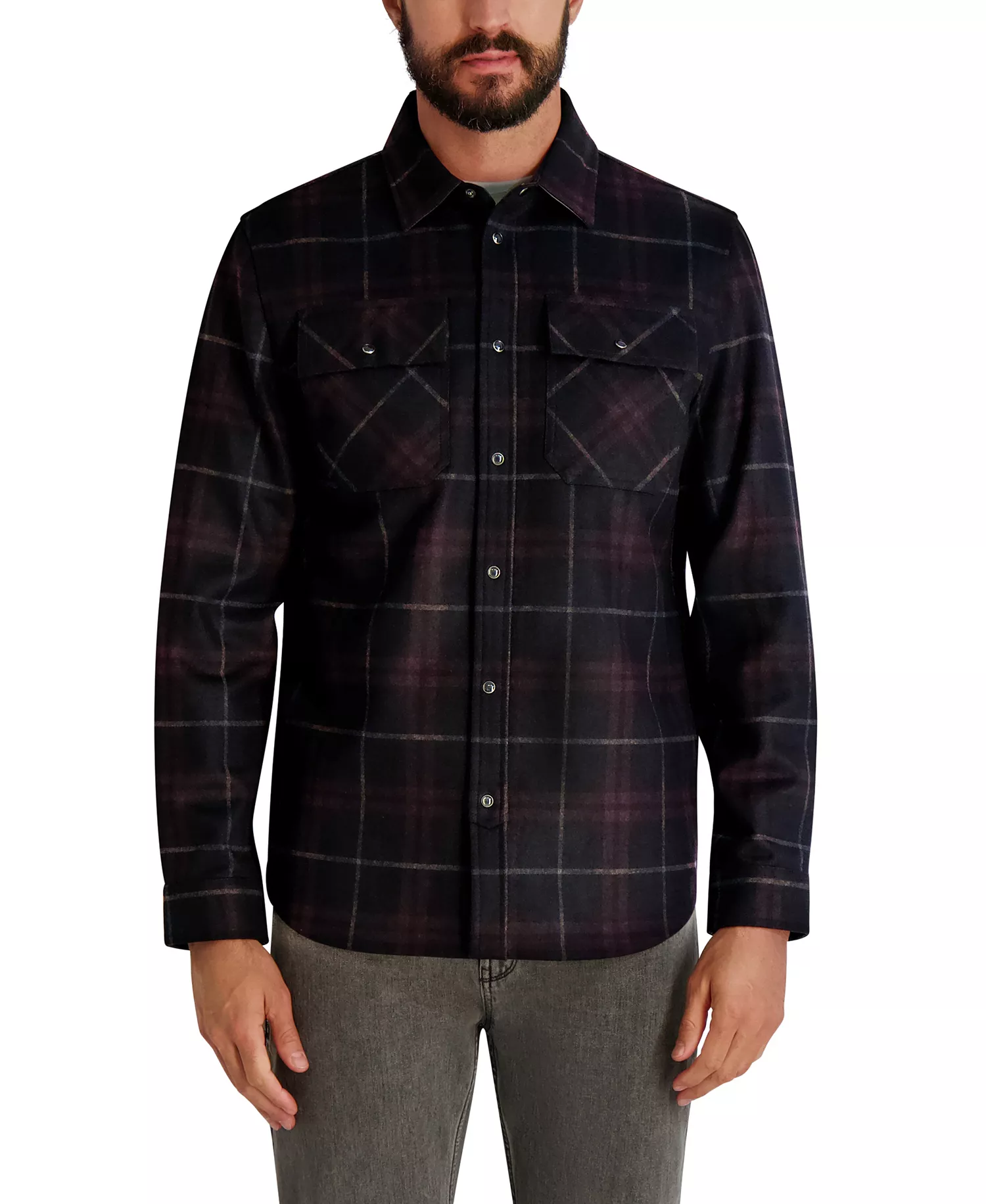 Men's Plaid Pattern Shirt Jacket - Wine - M