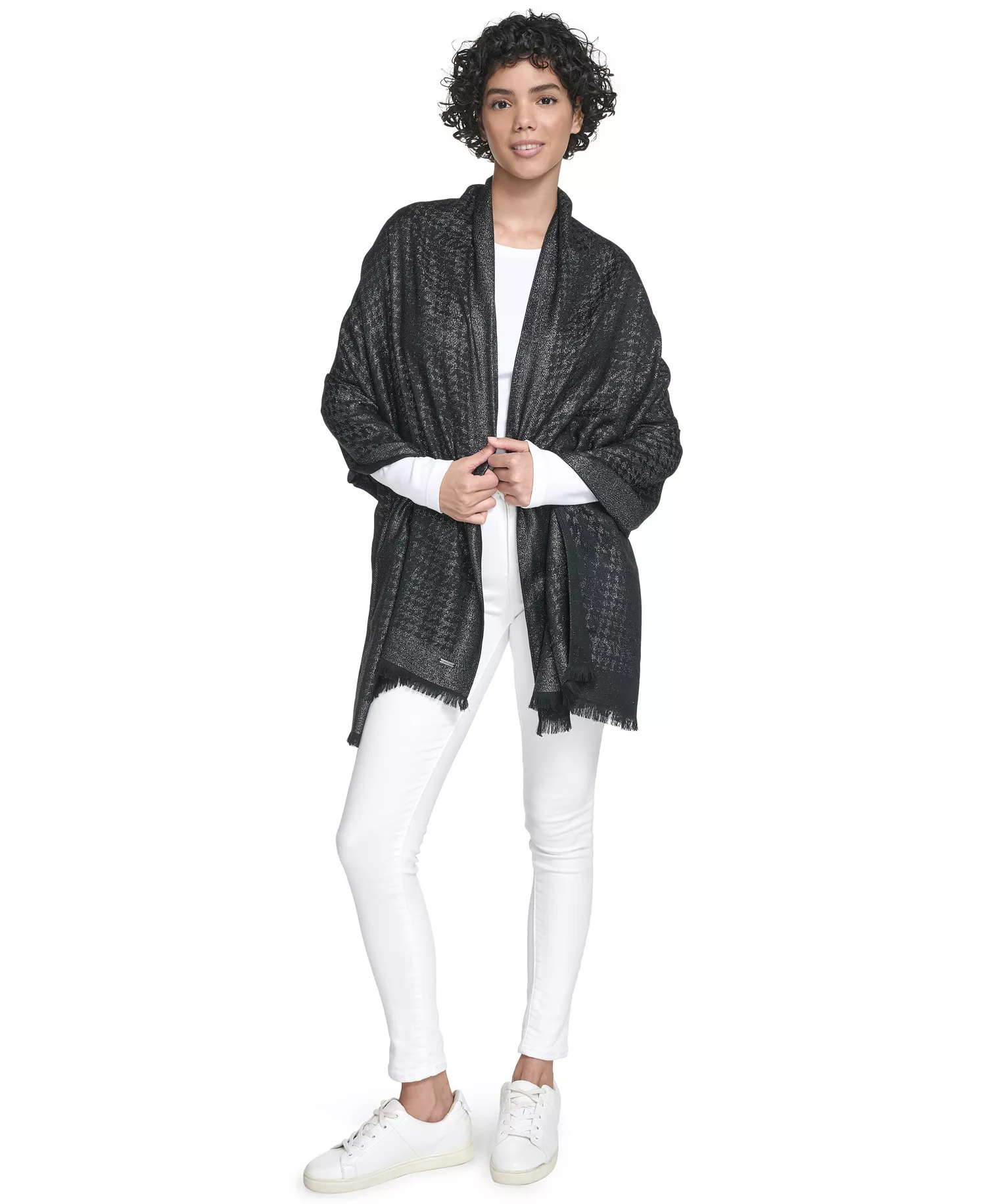 Women's Tweed Pattern Lurex Wrap - Black - ONE SIZE