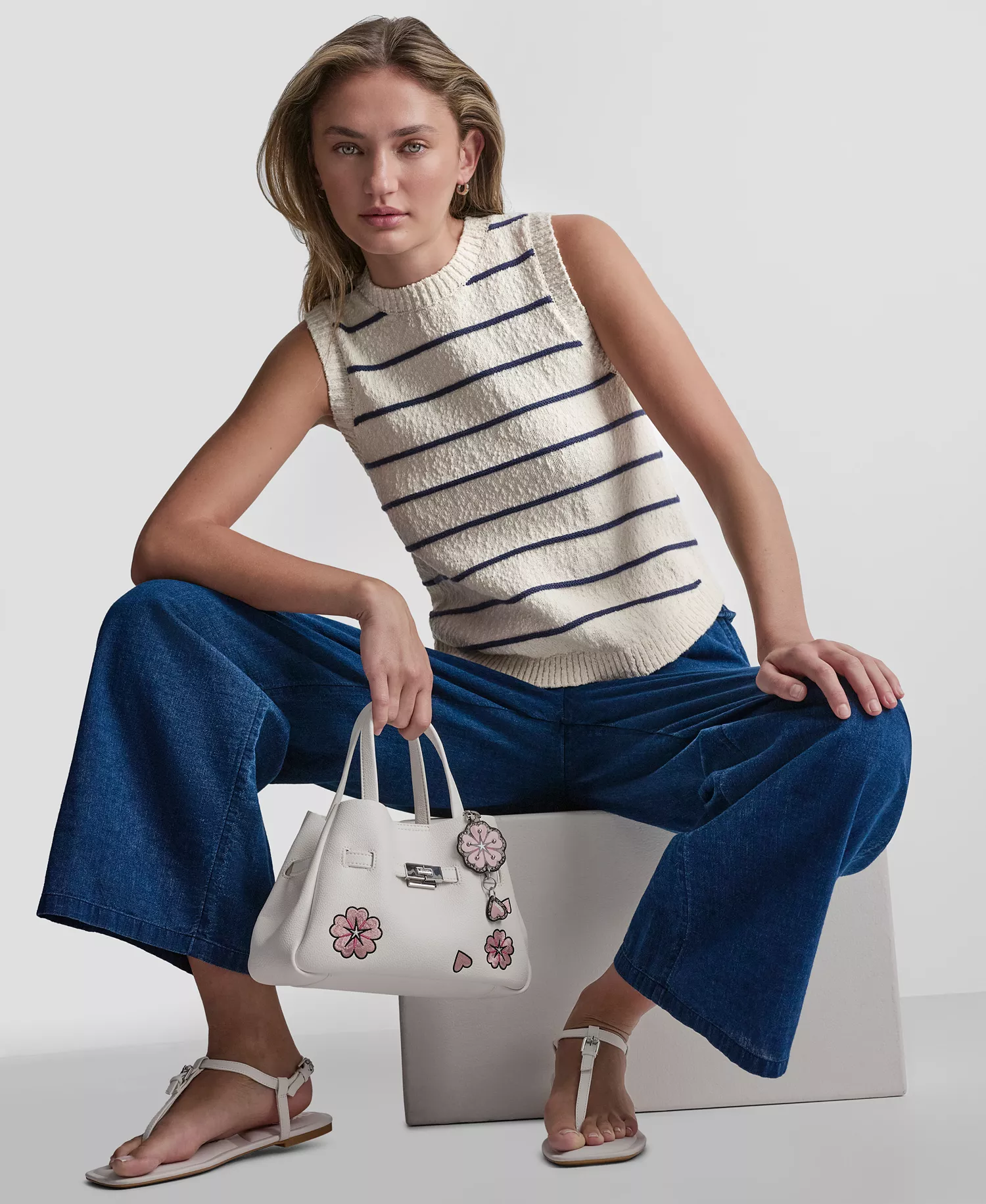 Petite Sleeveless Crewneck Striped Sweater - Eggnog/Indigo - PL