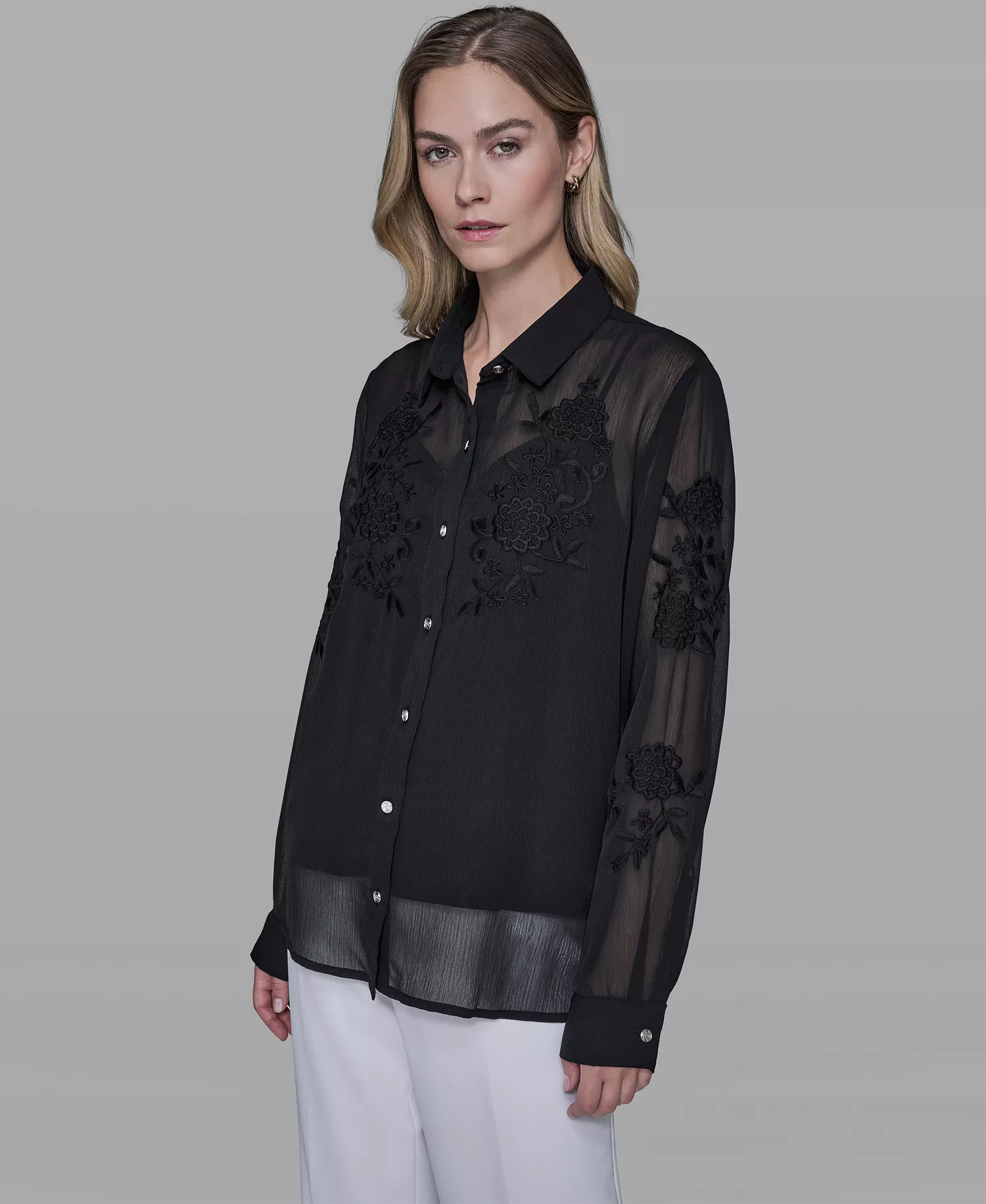 Women's Long-Sleeve Embroidered Flower Blouse - Black - L