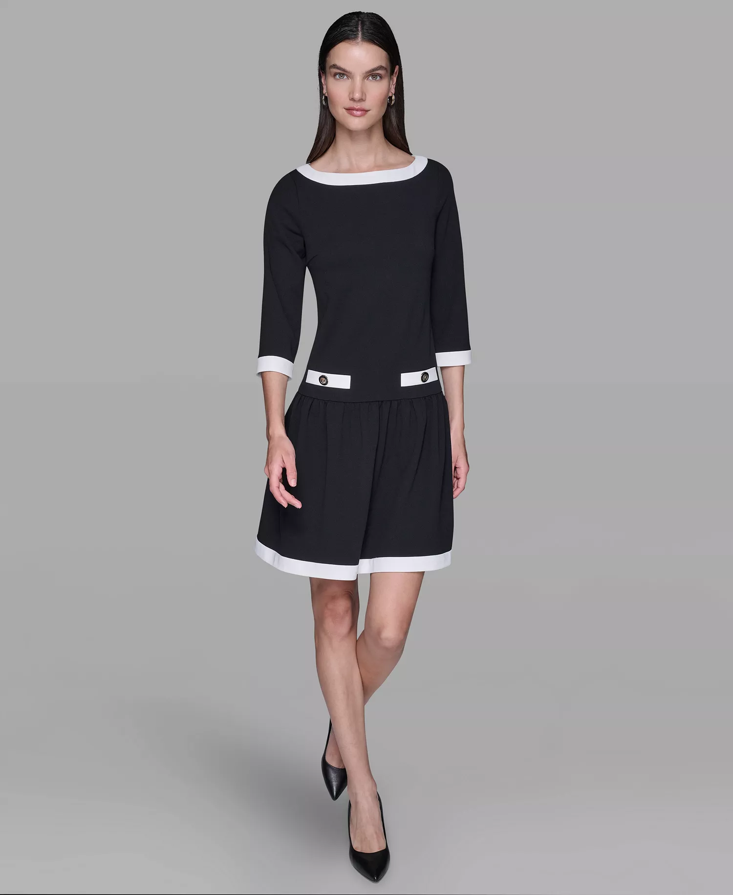 Women's Scuba Crepe Boat Neck A-Line Dress - Black/ Soft White - 10