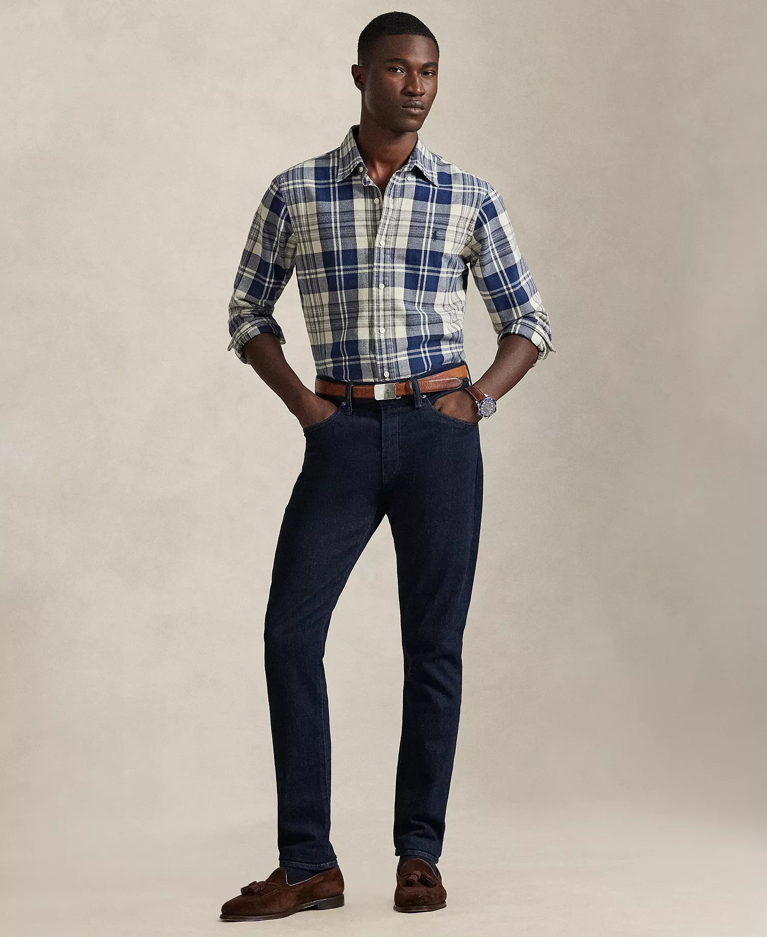 Men's Long-Sleeve Oxford Shirt - 7049 Off White Navy Multi - 2XL