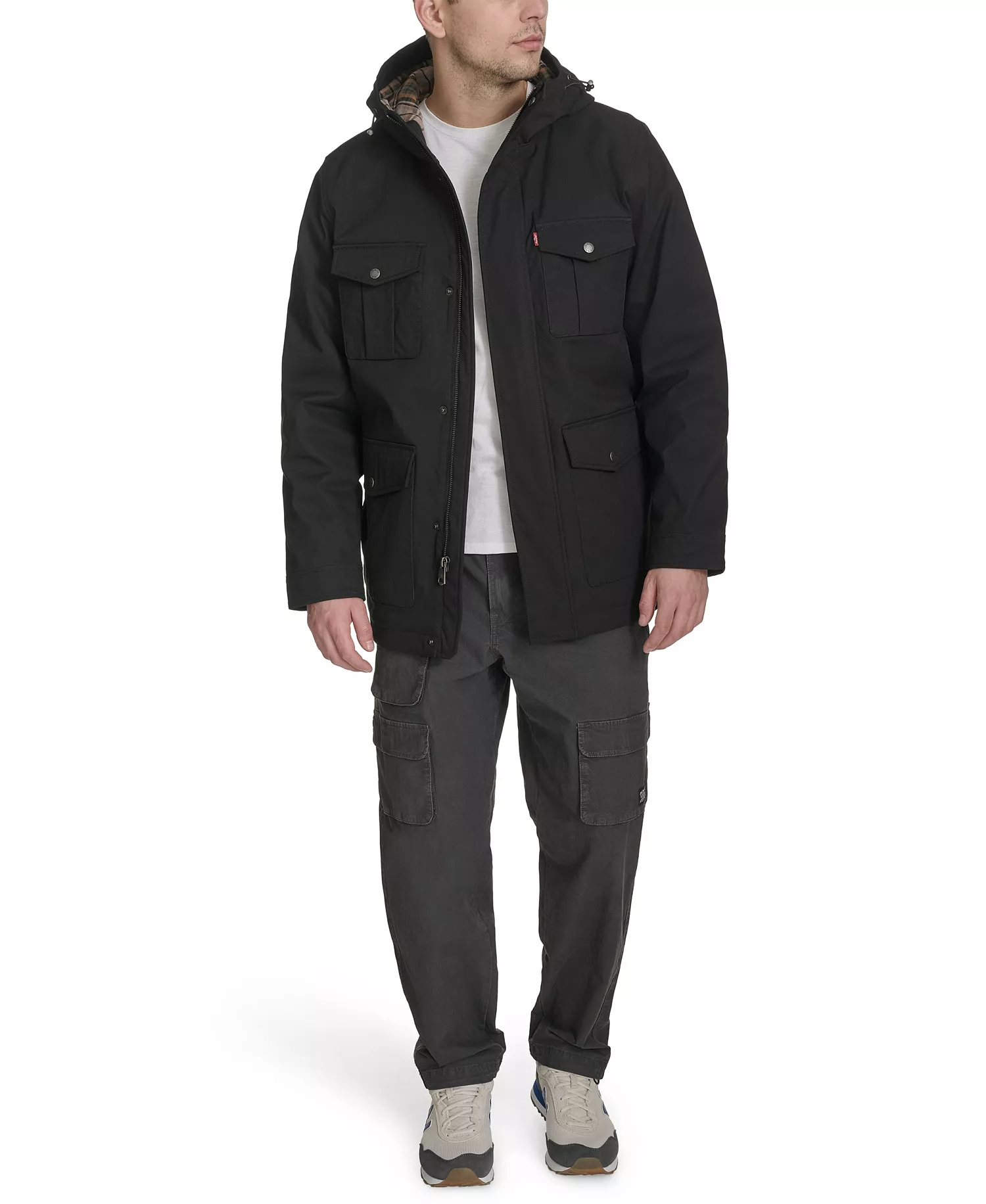 Men's Field Parka with Plaid Lining Jacket - Black - 2XL