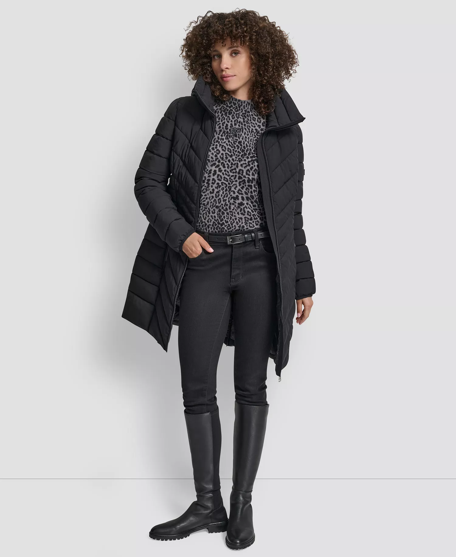 Women's Chevron Stand Collar Coat - Black - L