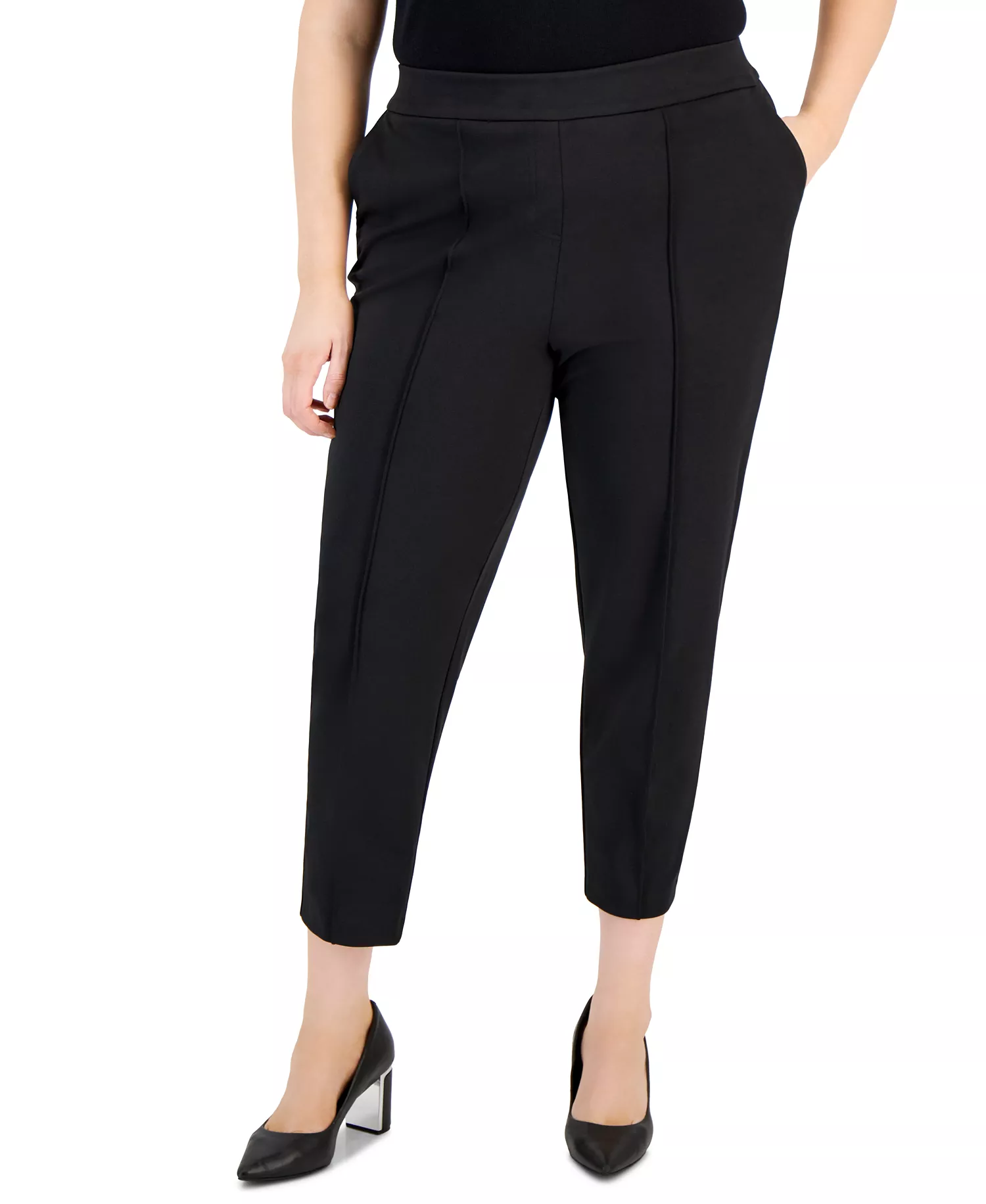 Plus Size Ponte Faux Double-Breasted Blazer, Sweater T-Shirt, & Ponte Front-Seamed Pants - Black - 14W