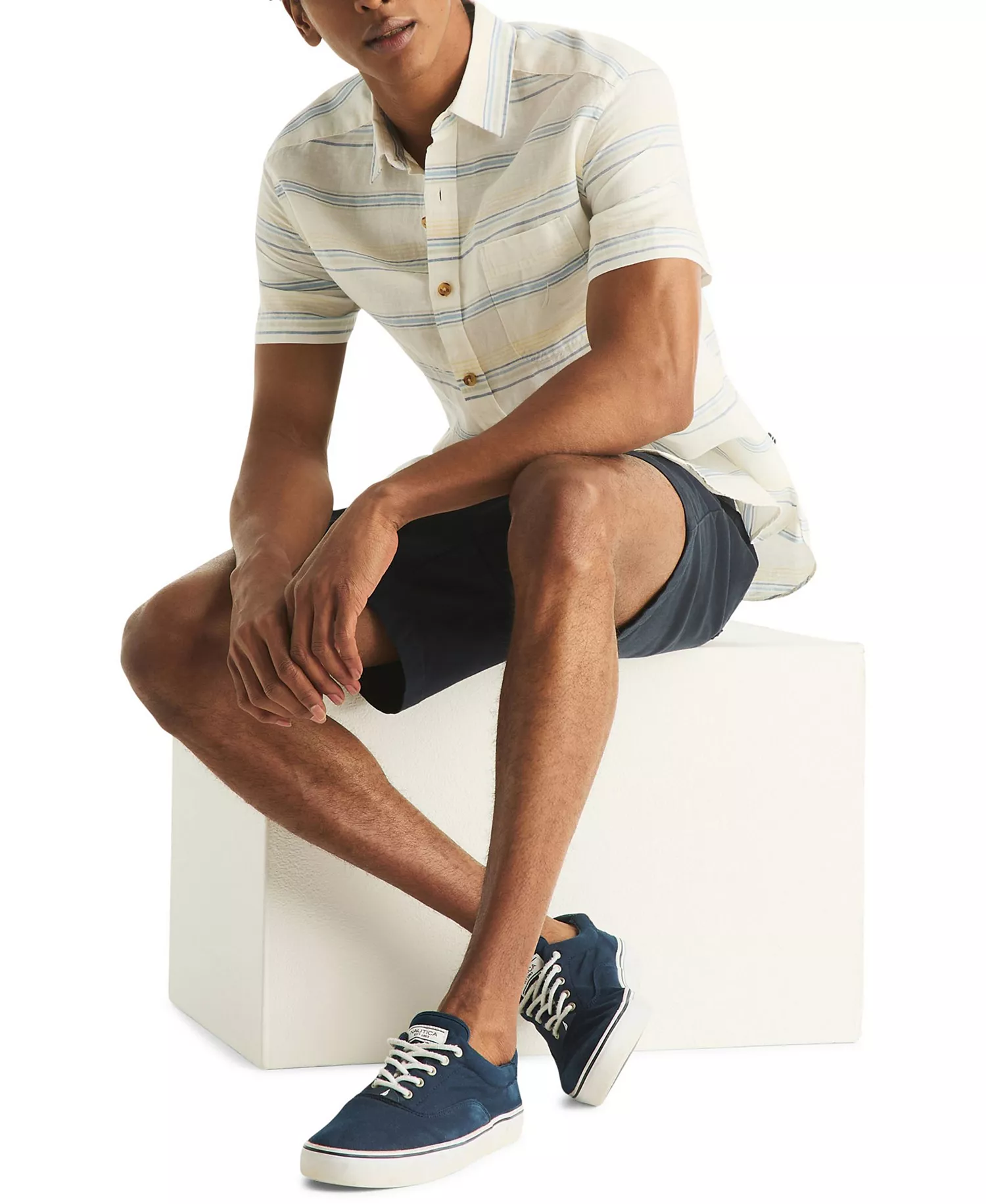 Men's Short-Sleeve Linen-Blend Horizontal Stripes Shirt - Sail White - L