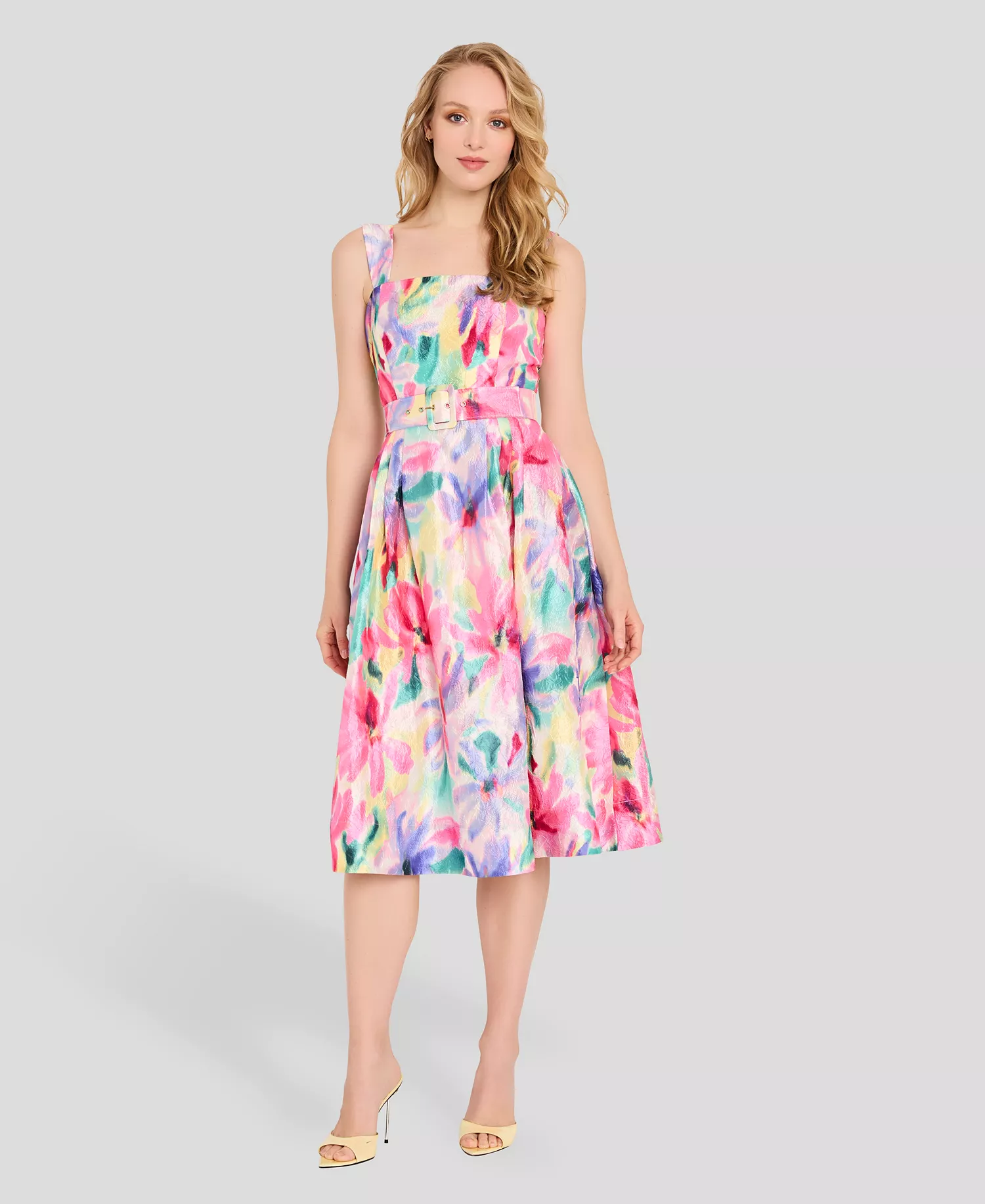 Women's Crinkle Belted Square Neck Midi Dress - Ivory Multi - 10