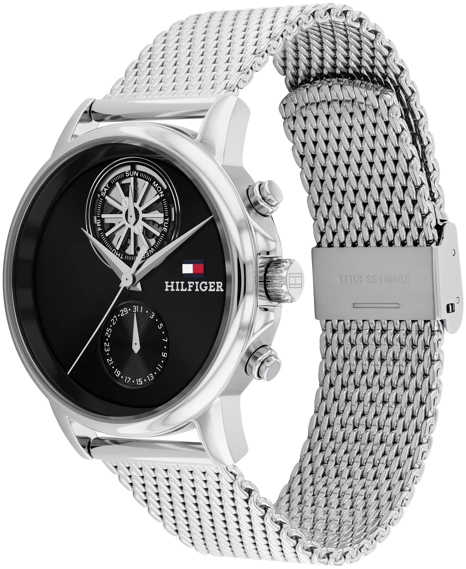 Men's Multifunction Silver Tone Stainless Steel Mesh Bracelet Watch, 40mm - Black - No Size