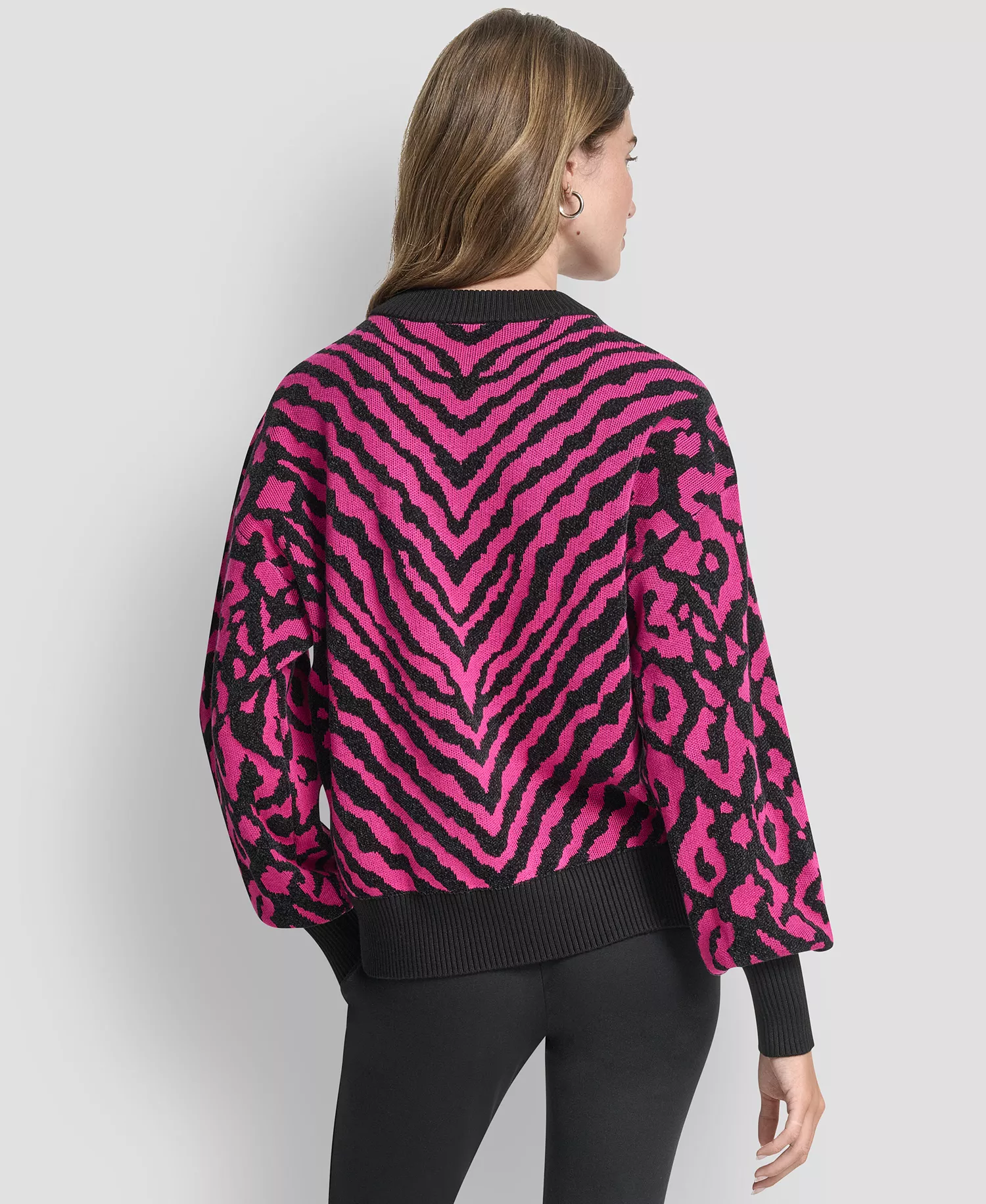 Women's Long-Sleeve Animal-Flocked Sweater - Fuchsia/black - L