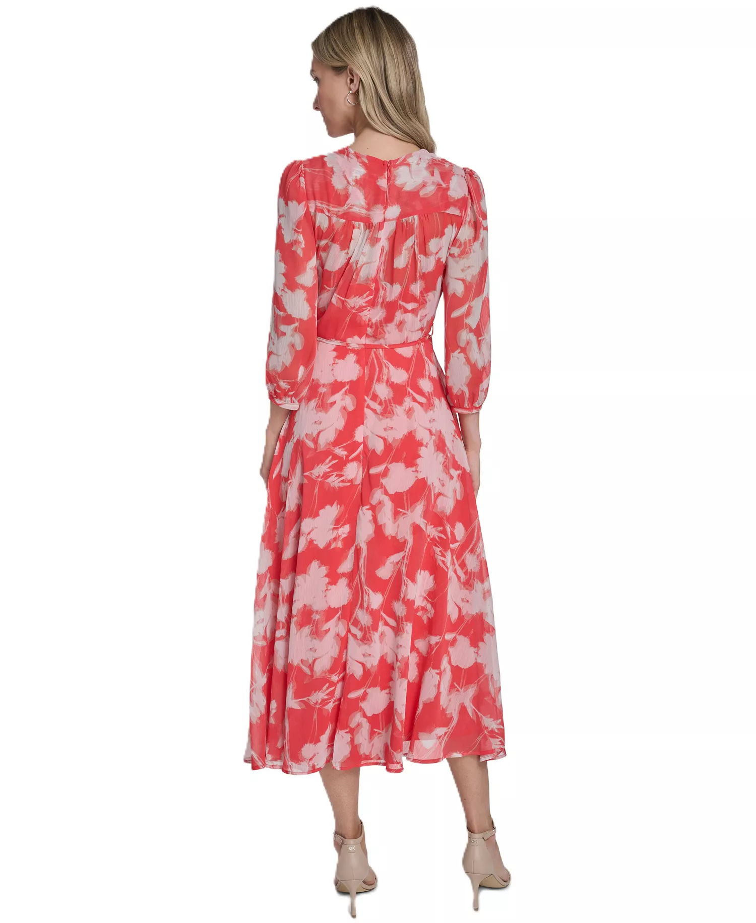 Women's 3/4-Sleeve V-Neck Midi Dress - Ginger Multi - 10