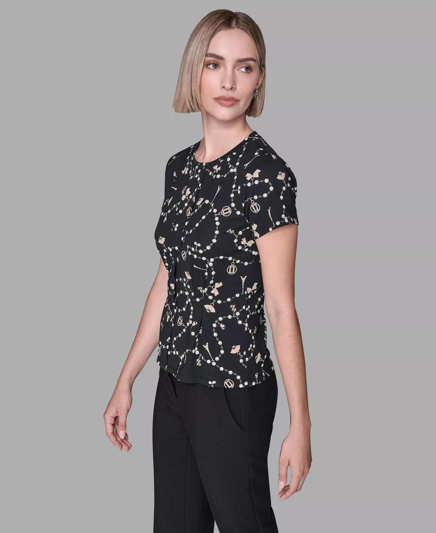 Women's Crewneck Pull-On Fitted Top - Black Multi - L