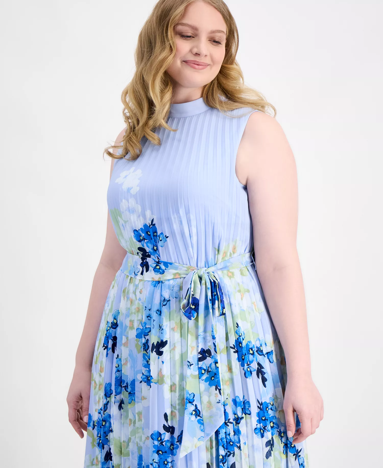Plus Size Printed Pleated Sleeveless Midi Dress - Ivory/Blue - 14W