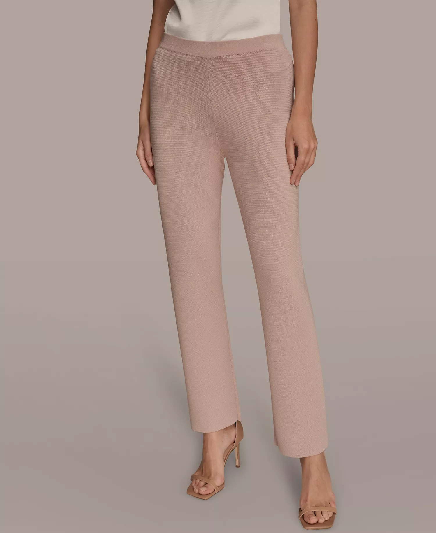 Women's Long Blazer Coat, Sleeveless Boat Neck Tank Top and Mid Rise Knit Straight Ankle Sweater Pant - Shadow Pink - M