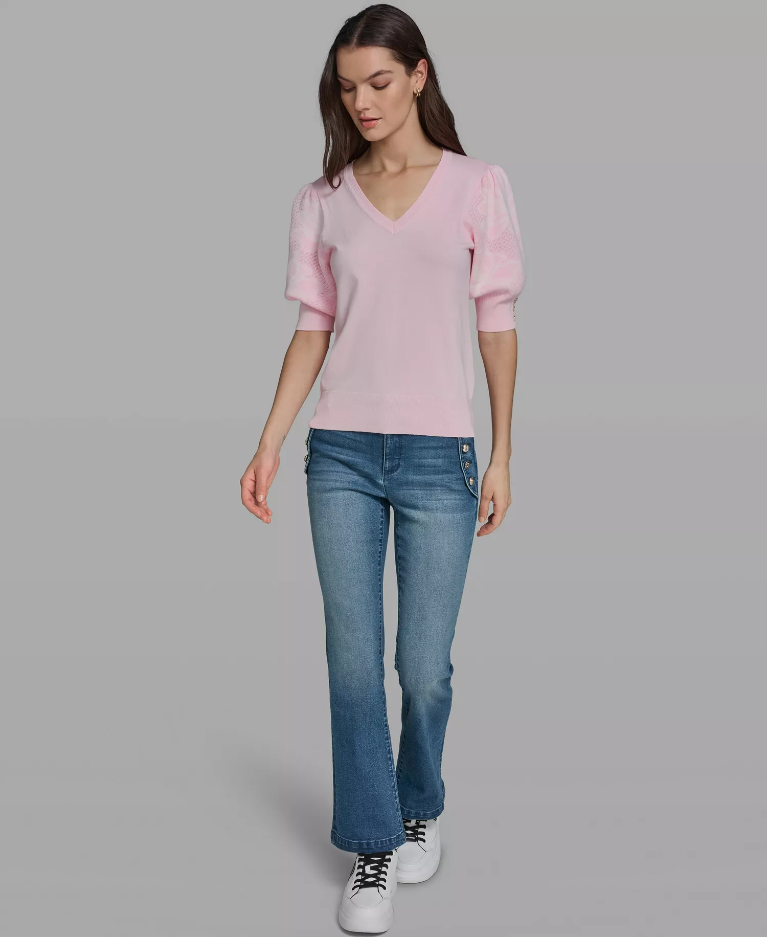 Women's V-Neck Floral Embroidered Short Sleeve Sweater - Ballet Slipper - L