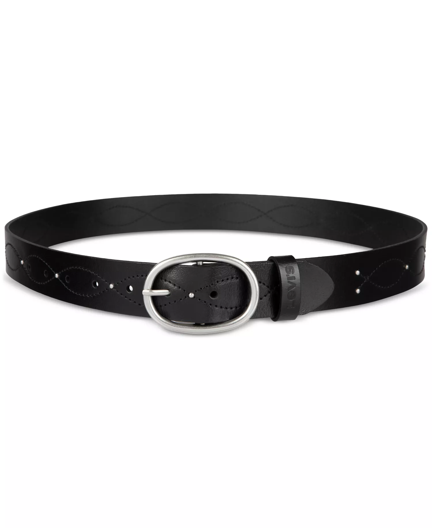 Western Stitched & Studded Leather Belt - Black - L