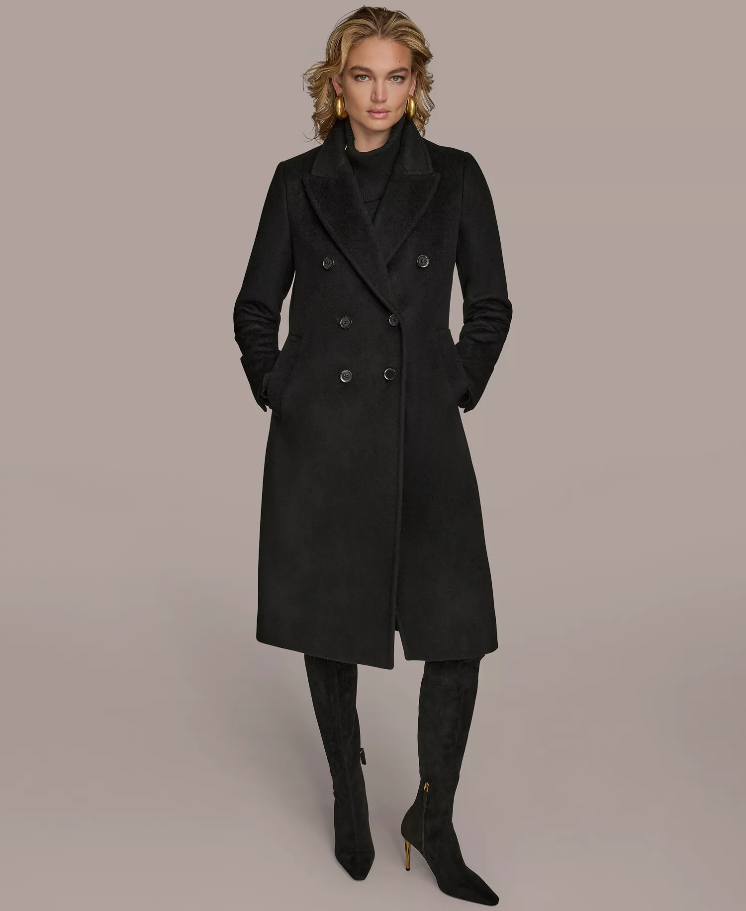 Women's Double-Breasted Reefer Coat - Black - L