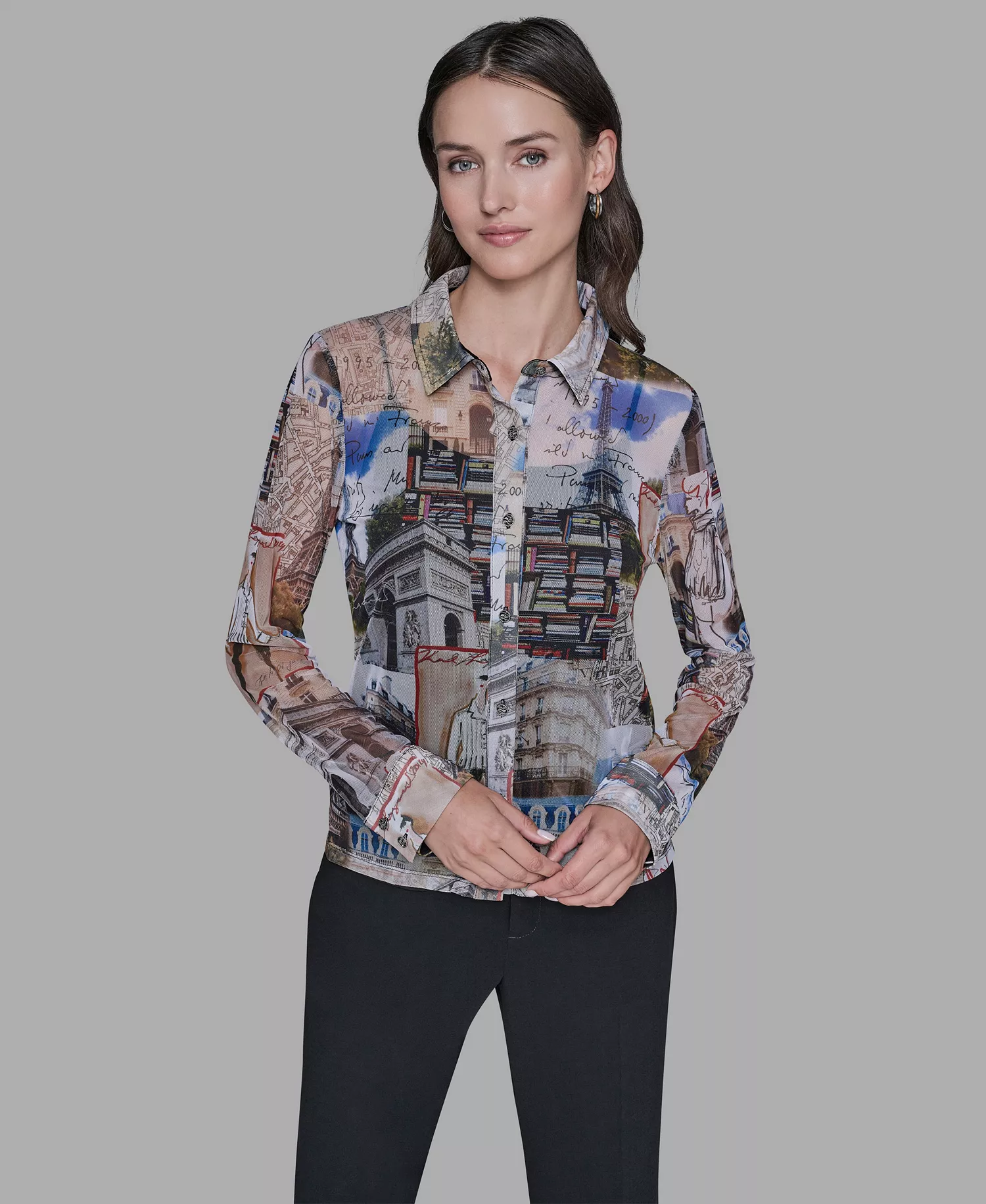 Women's Printed Mesh Long-Sleeve Collared Blouse - Soft White/ Cartouche Multi - L