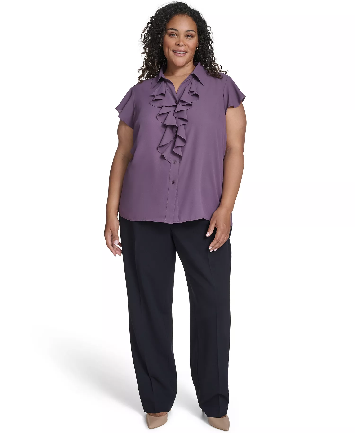 Women's Plus Size Solid Cap Sleeve Ruffle Front Top - Winter Plum - 1X